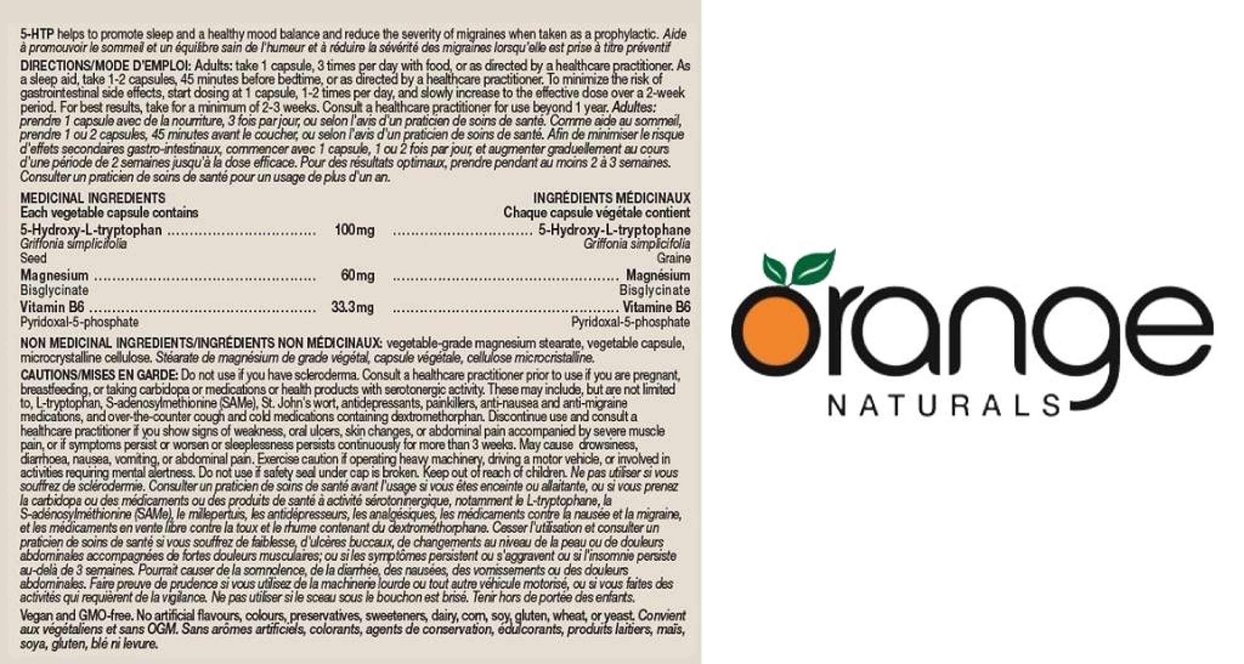 Orange Naturals - 5-HTP with Vitamin B6 & Magnesium 100mg 60 Capsules - Migraine Headache Relief, Mood Support, Relaxation and Sleep Support Supplement