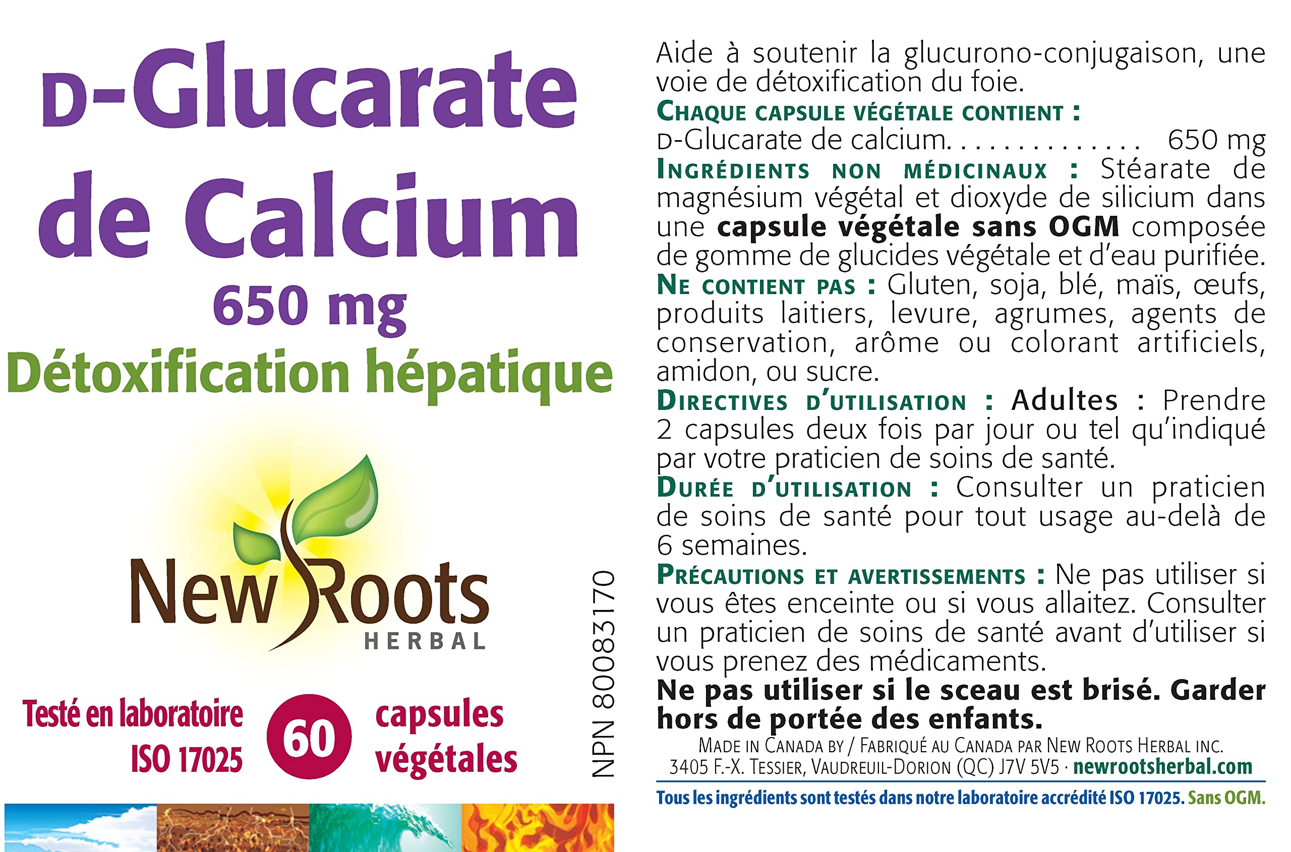 New Roots Herbal Calcium D-Glucarate 650 mg, 60 capsules végétales – Soutient la fonction hépatique saine, favorise l'équilibre hormonal pendant la ménopause, sans OGM, sans produits laitiers, sans soja, sans gluten
