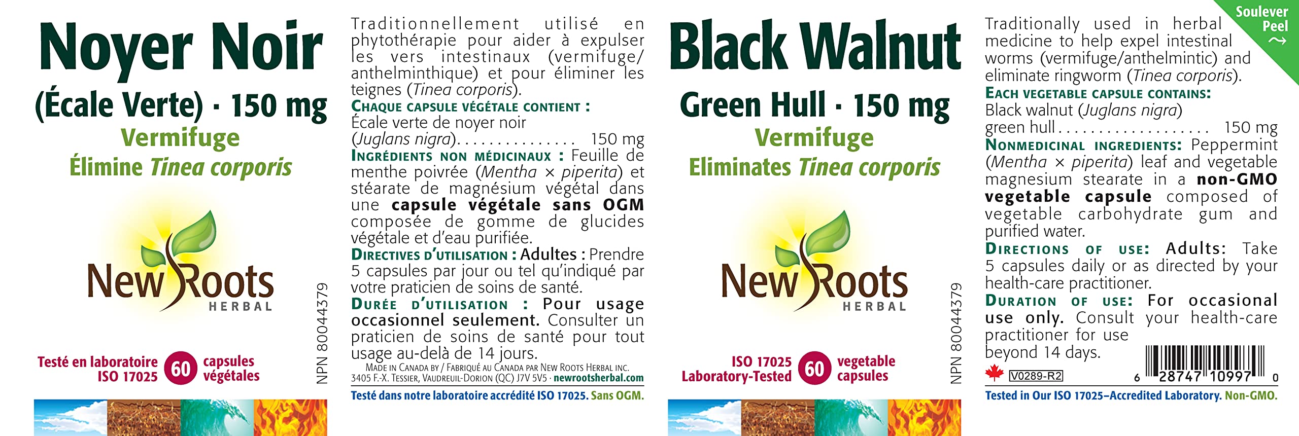 New Roots Herbal - Brou de Noyer Noir, 150 mg 60 Capsules - Vermifuge Élimine la Teigne du Corps - Juglans Nigra pour les Vers Intestinaux et Éliminer la Teigne - Sans Gluten