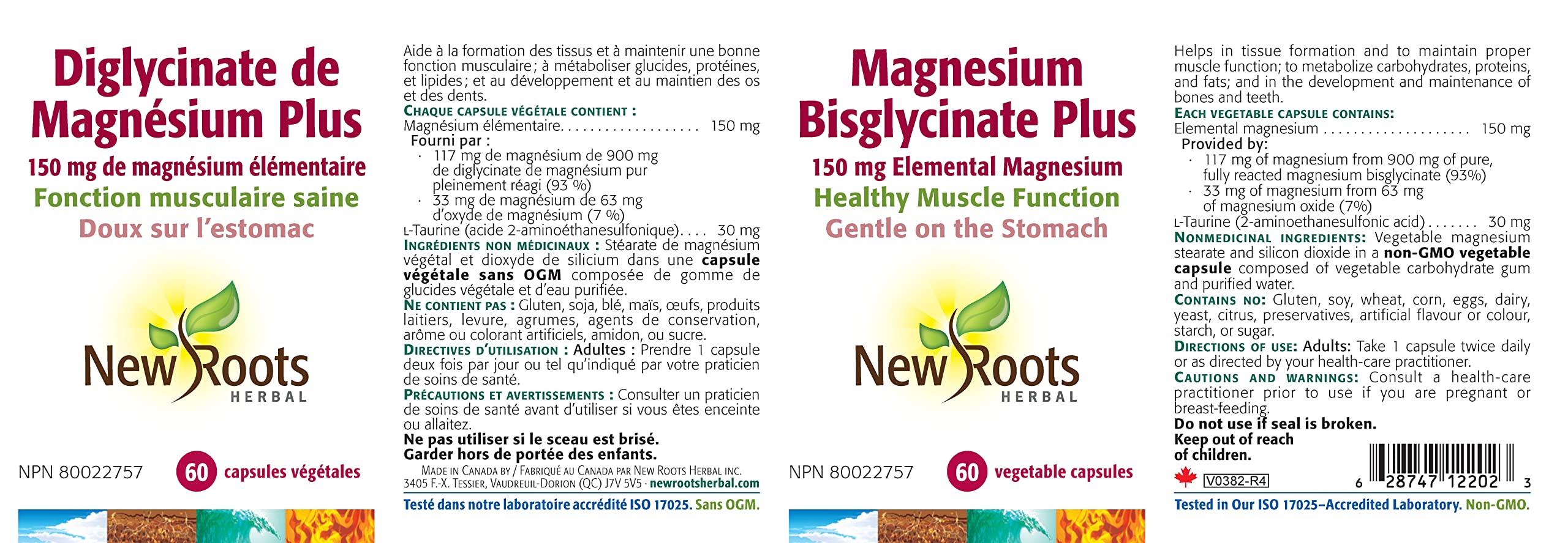 New Roots Herbal Bisglycinate de magnésium Plus, 60 capsules végétales pour 30 jours - 150 mg de magnésium élémentaire, favorise un mode de vie actif, sans OGM, sans gluten, doux pour la digestion avec une absorption supérieure