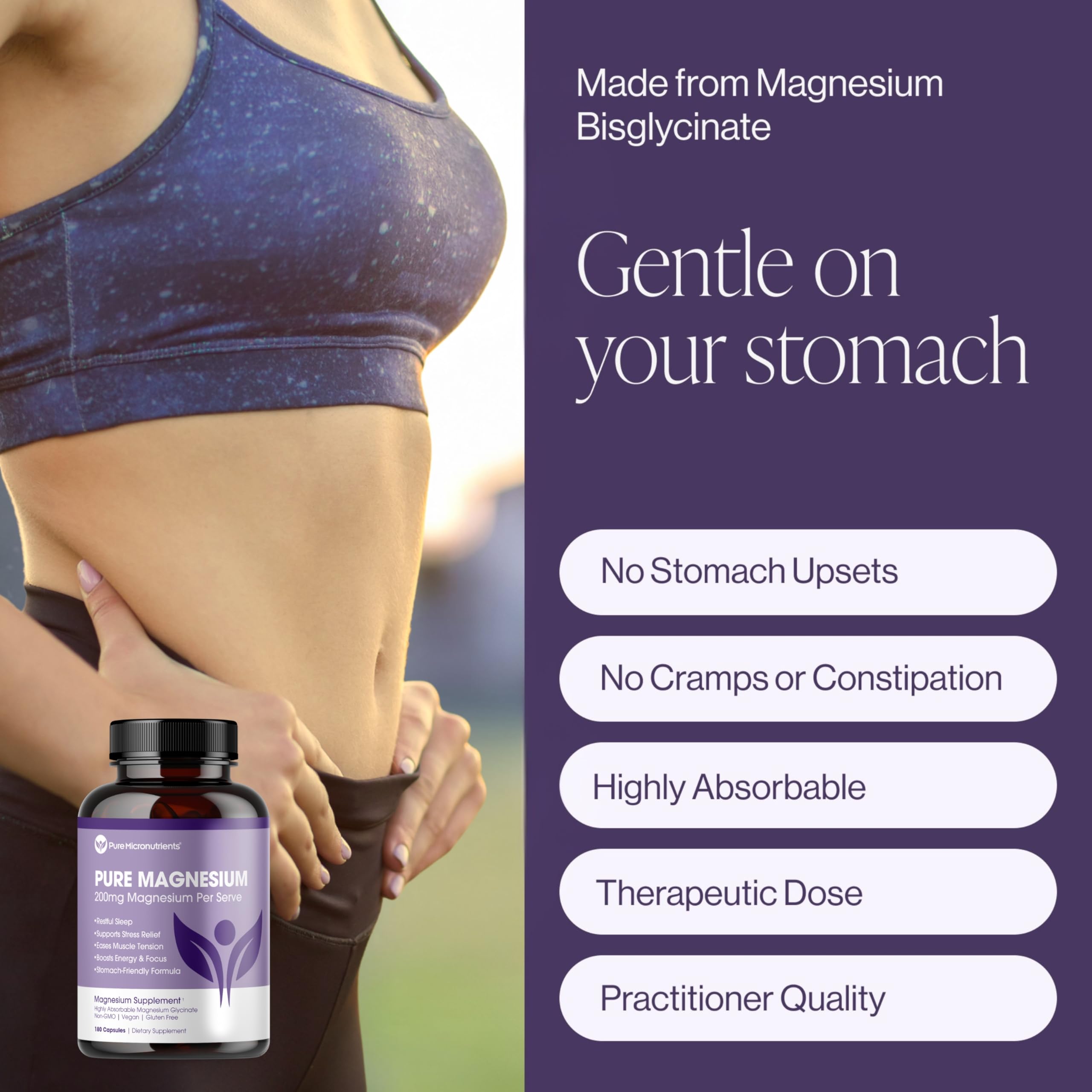 Supplément de glycinate de magnésium (chélate) Pure Micronutrients 200 mg, 180 gélules