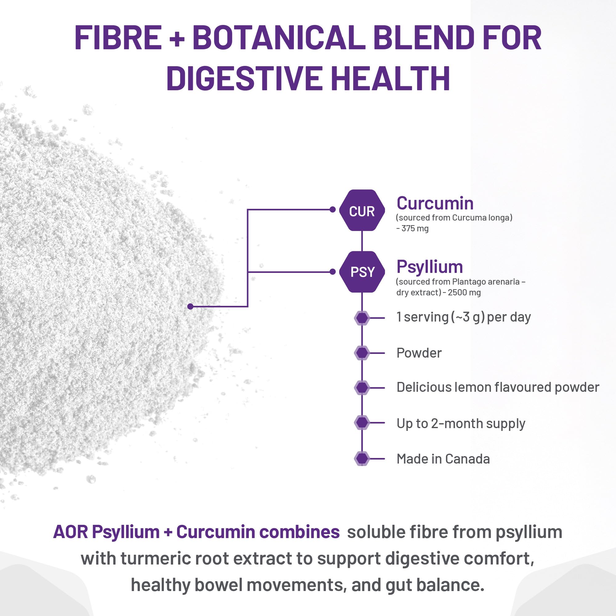 AOR Écorce de psyllium + Curcumine en poudre 217,5g 60 portions, Saveur citron rafraîchissante, Favorise la régularité, la mobilité articulaire, l'équilibre digestif et le bien-être quotidien avec des fibres naturelles, Végétalien, Sans OGM, Sans gluten