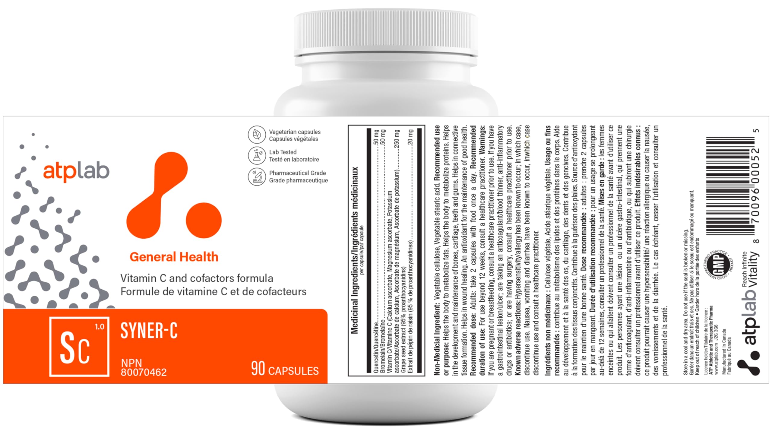 ATP LAB - Syner-C 90 Capsules 45-Day Supply - Vitamin-C Capsules Quercetin Supplements - Pressure Relief Supplement - Vitamin C Immune Support & Wound Healing Supplement