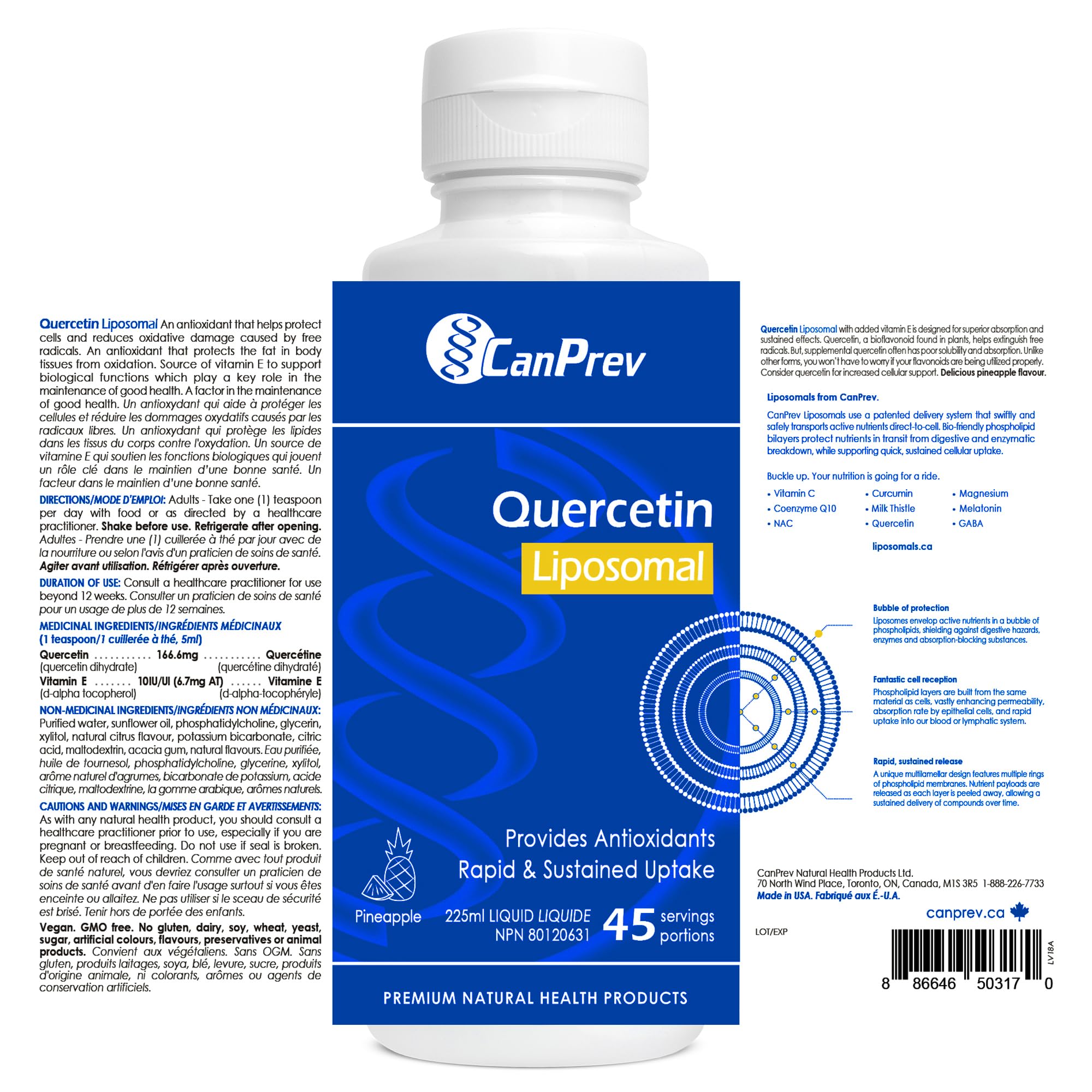 CanPrev Quercétine Liposomale, 225 ml Liquide 45 Portions, Saveur Ananas - Soutient la Santé Immunitaire & Cardiovasculaire, Supplément Antioxydant, Pression Artérielle & Circulation Sanguine Saines - Végétalien, Sans OGM