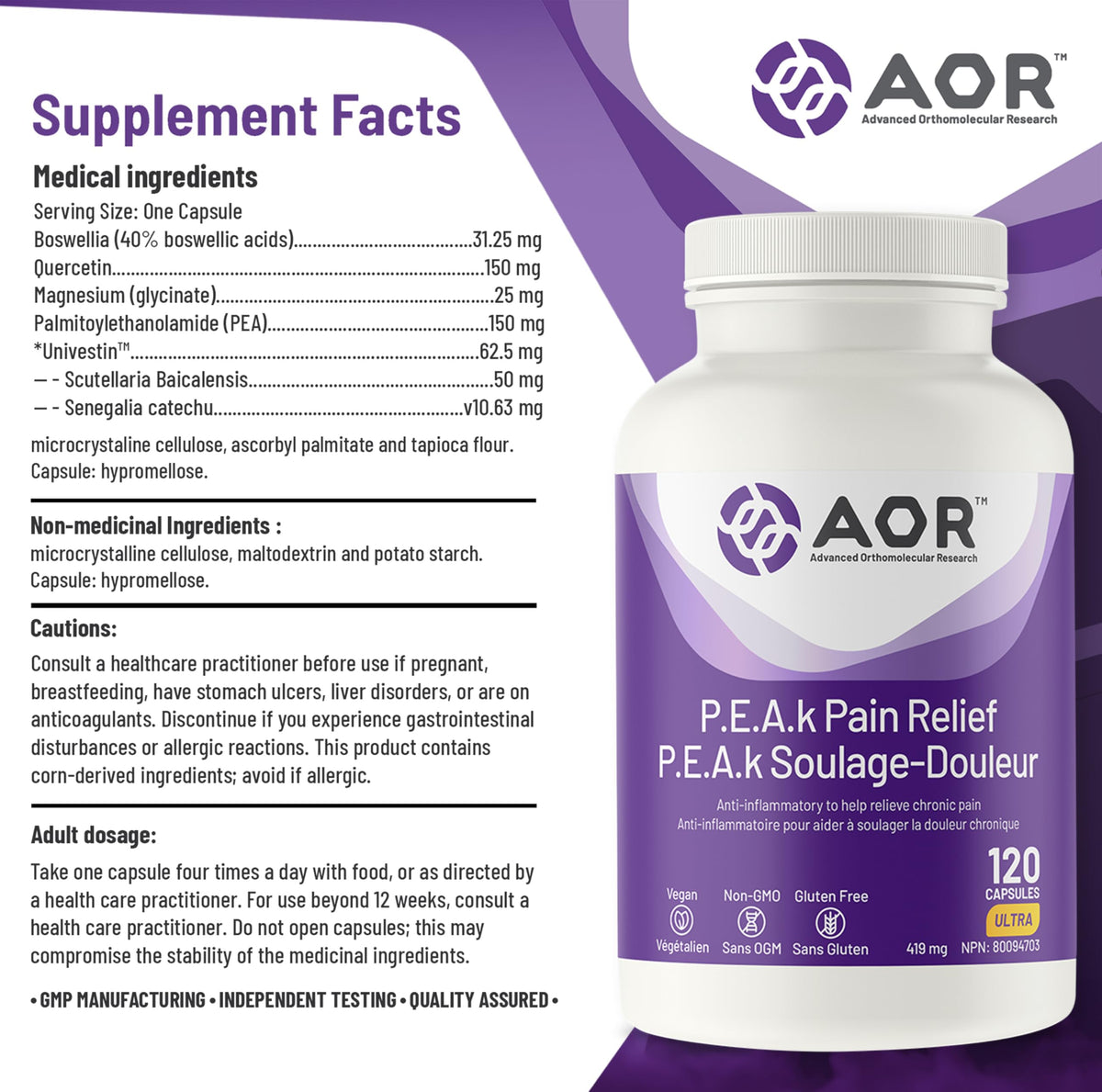 AOR P.E.A.K Pain Relief PEA, Univestin, Magnesium Glycinate, 120 Caps
