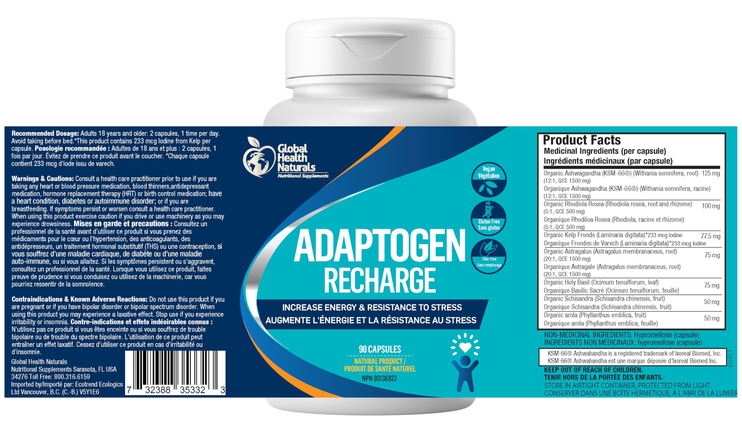 Global Health Naturals Adaptogen Recharge, 90 gélules végétaliennes - 45 jours d'approvisionnement KSM-66 Ashwagandha et Rhodiola, soutient le bien-être émotionnel, fabriqué aux États-Unis