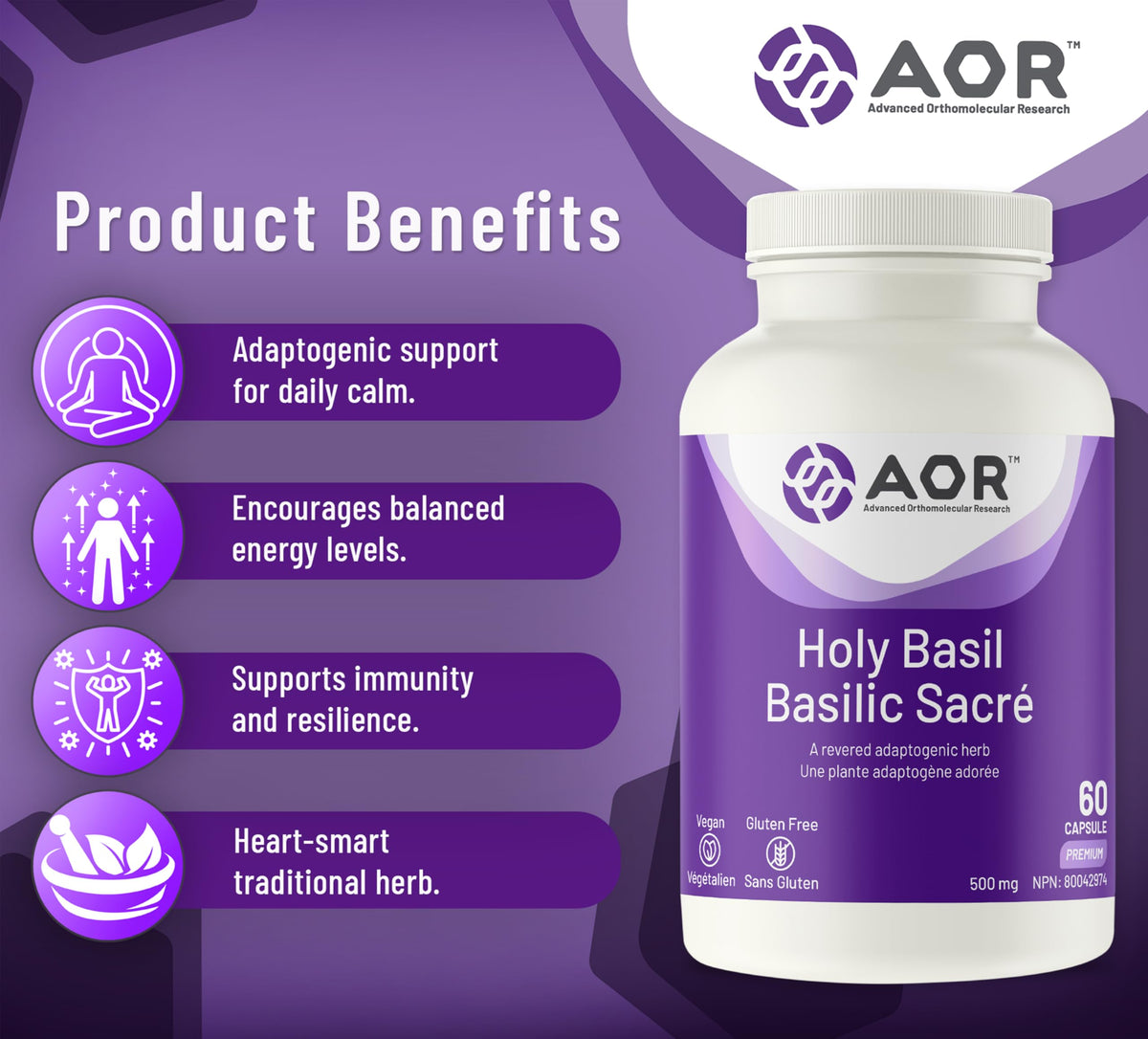 AOR Holy Basil Extract 500mg Supplement, Vegan Capsules, Tulsi, 60 Capsules