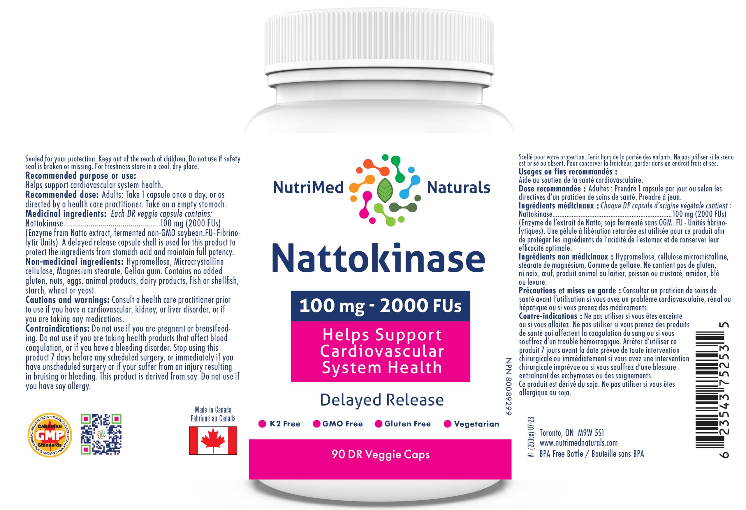 Nutrimed Naturals - Nattokinase Gélules 90 Gélules - Approvisionnement de 90 jours - Nattokinase 100mg 2000 FUs - Aide à soutenir la santé du système cardiovasculaire - Testé par des tiers - Formulé et fabriqué au Canada