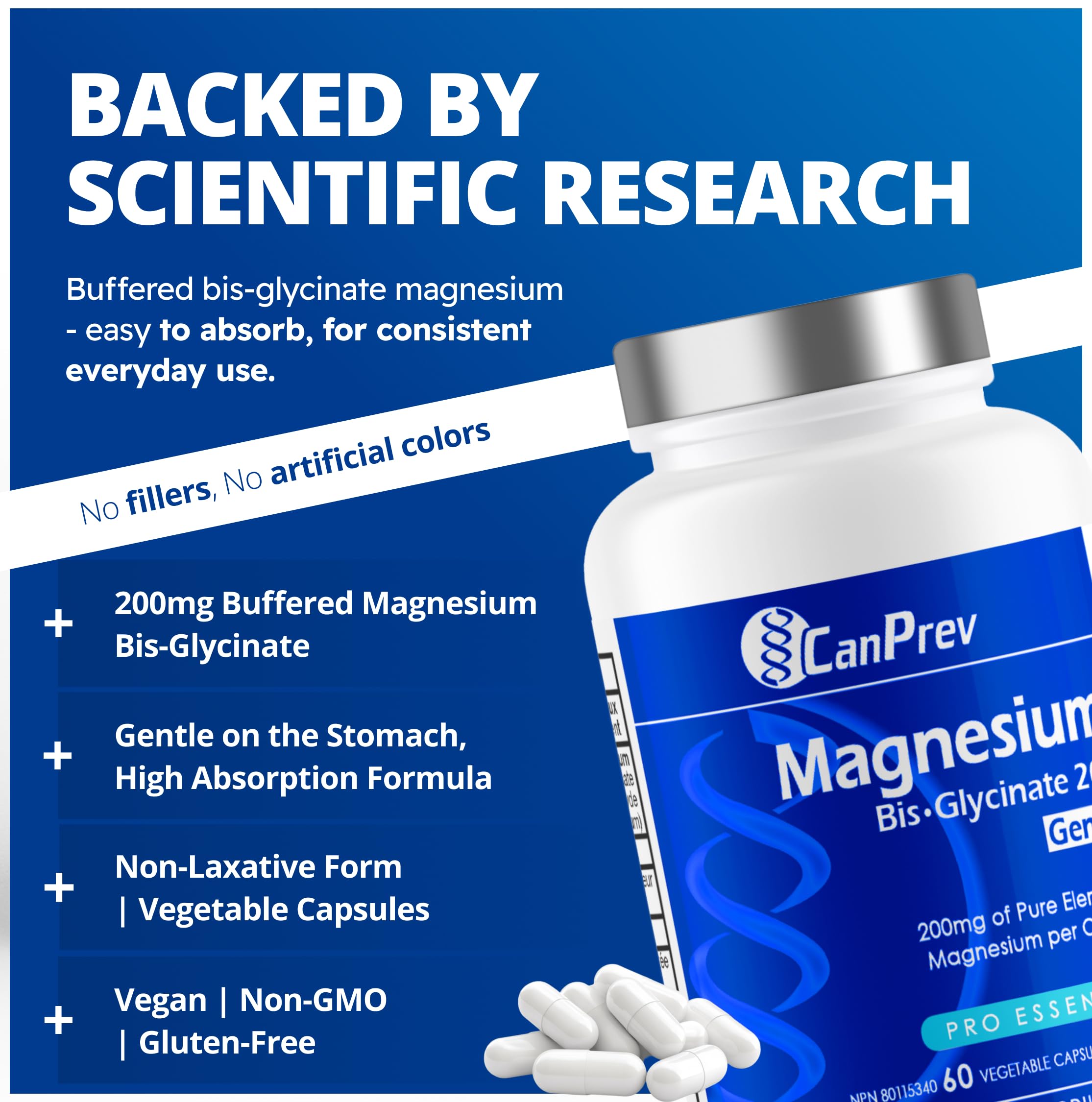 CanPrev - Bisglycinate de magnésium pur 200mg (Doux) | Supplément complexe de chélate élémentaire | Idéal pour les os, les articulations, la digestion, la constipation et un meilleur sommeil | Végétalien