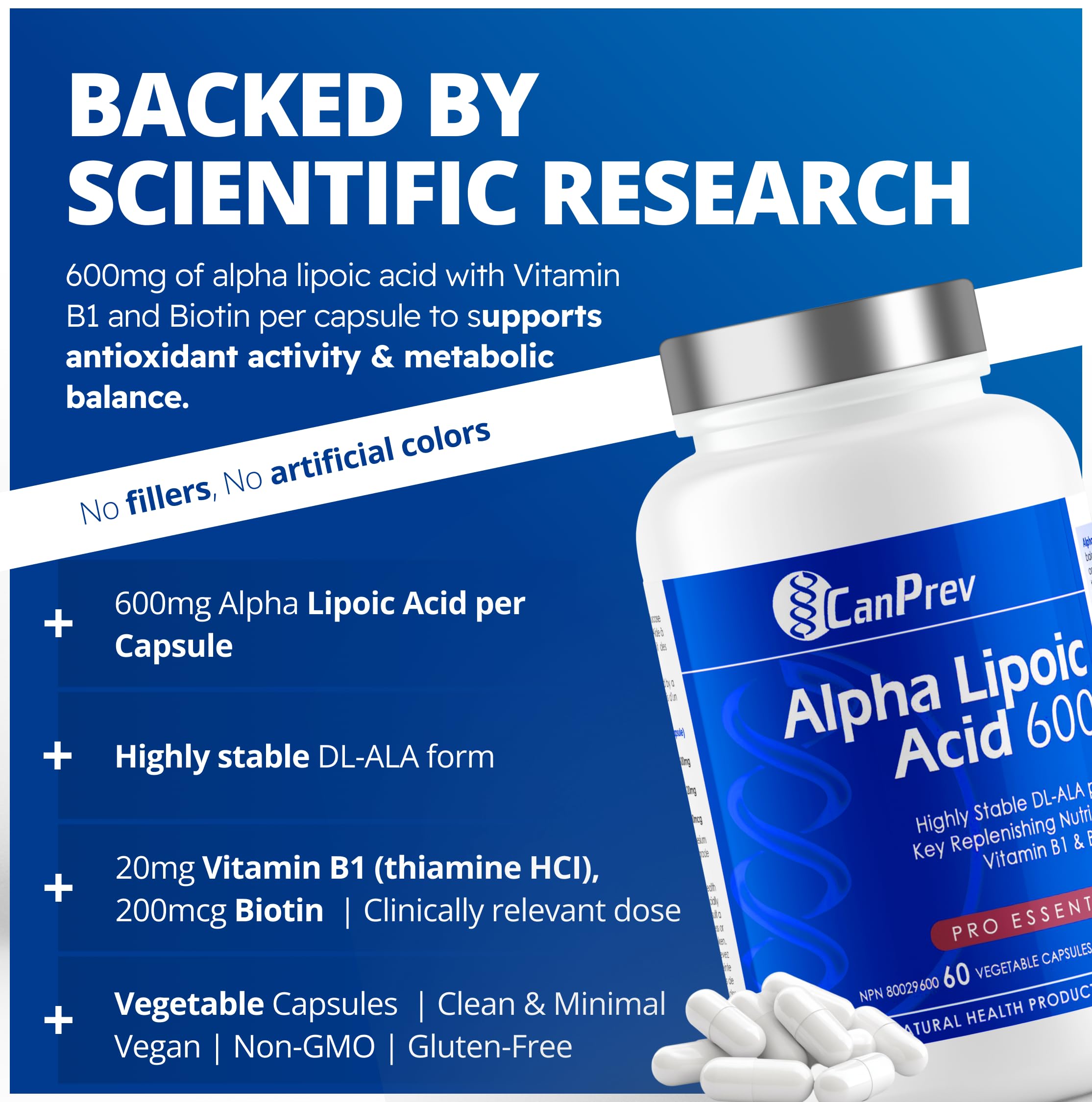 CanPrev - Acide Alpha-Lipoïque 600mg, 60 capsules végétaliennes, 60 jours d'approvisionnement - Antioxydant, Cardiovasculaire, Détoxification quotidienne et Soutien de la glycémie - Nutriments régénérants B1, Biotine et Acide Alpha-Lipoïque R