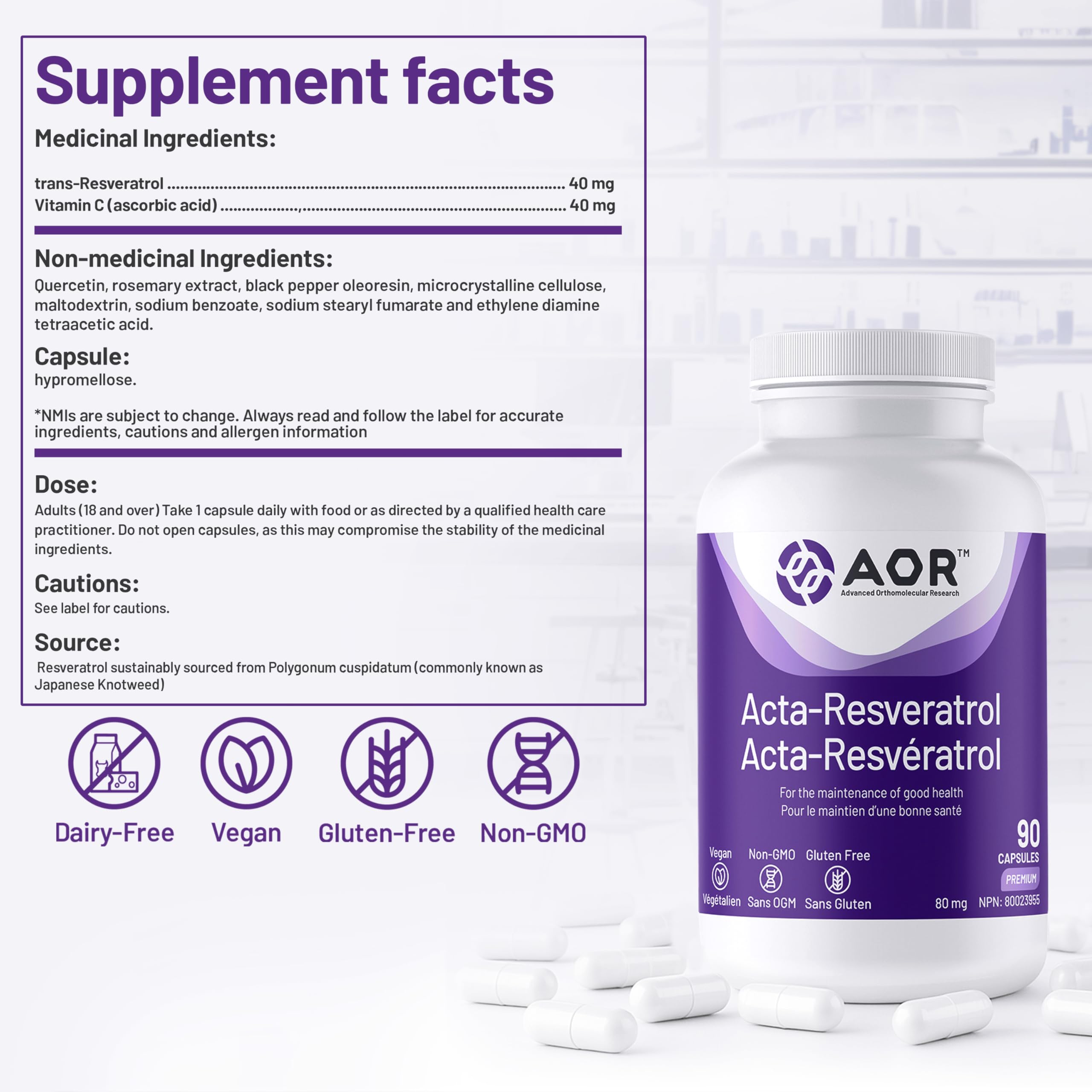 AOR Acta-Resveratrol 80mg, 90 Caps 90-Day Supply - Trans-Resveratrol Supplement with Quercetin - Vegan, Non-GMO & Gluten-Free Formula - Antioxidant Support - Promote Vitality, Natural Defense & Energy