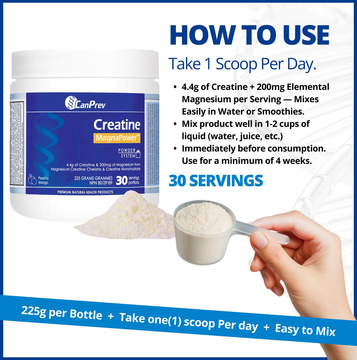 CanPrev Creatine MagnaPower Powder, 200mg Magnesium, Peachy Mango, 225g