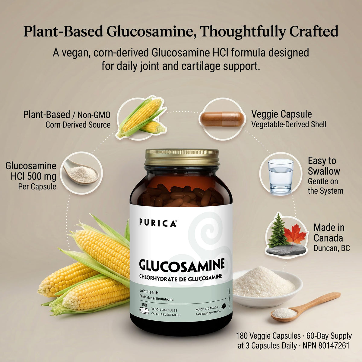 PURICA Vegan Glucosamine HCL Capsules, Made in Canada, 500mg, 180 Capsules