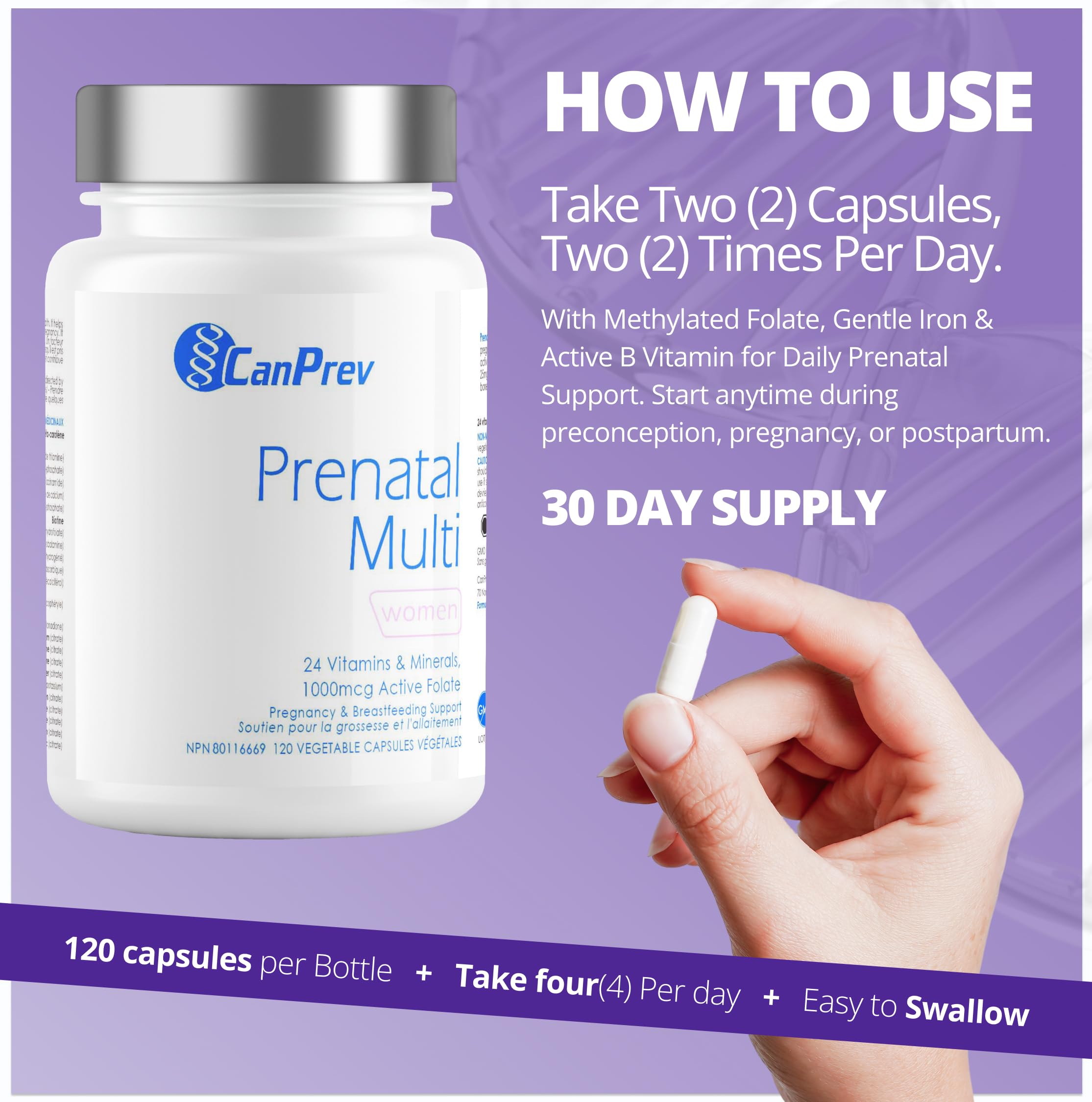 CanPrev Multi Prénatal 120 gélules - 30 jours d'approvisionnement - Vitamines prénatales avec acide folique pour la grossesse et l'allaitement, multivitamine et minéraux prénatals pour femmes, 1000 mcg de folate actif - Sans OGM et sans gluten