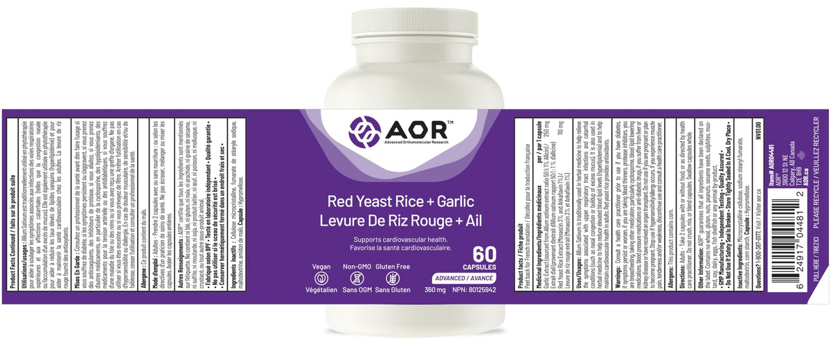 AOR Red Yeast Rice, Garlic Extract, Cholesterol, Heart Health, 60 Capsules