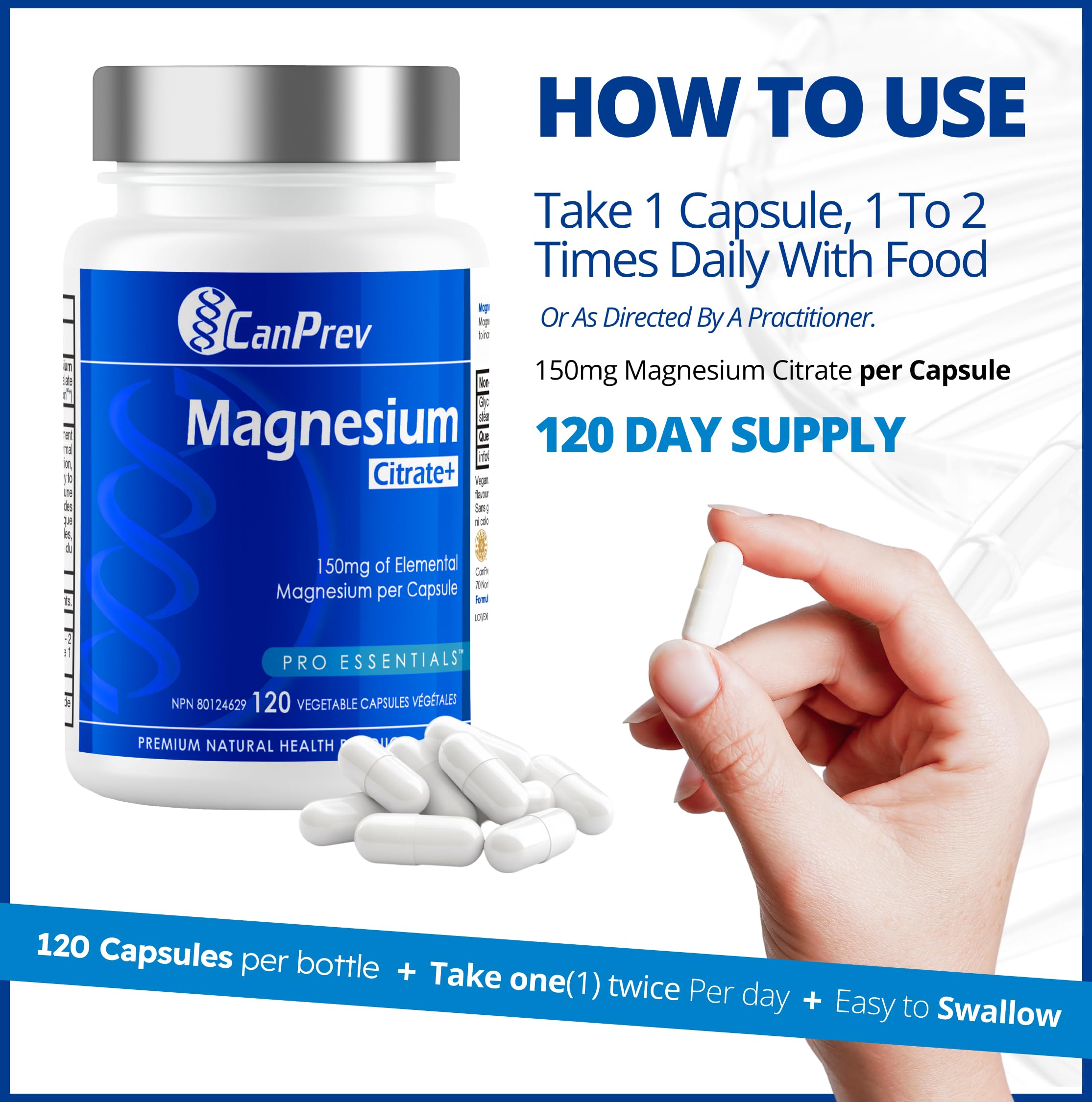 CanPrev Magnesium Citrate+, 120 Capsules 120-Day Supply - High Absorption Magnesium Supplement, Supports Physical Function, Pure & Organic Magnesium Citrate Formula - Vegan, Non-GMO and Gluten-Free
