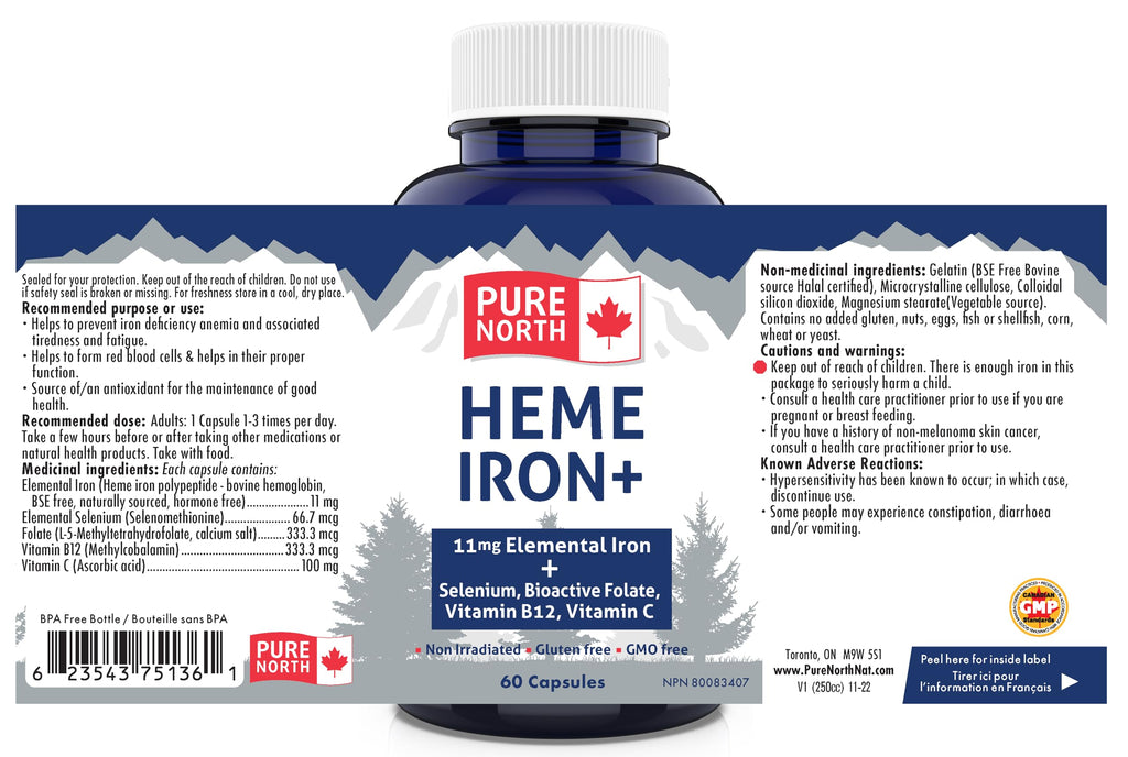 Pure North Naturals - Heme Iron Supplement, 60 Capsules 60-Day Supply - 11mg Elemental Iron + Selenium, Bioactive Folate, Vitamin B12, Vitamin C - 3rd Party Tested - Formulated & Made in Canada