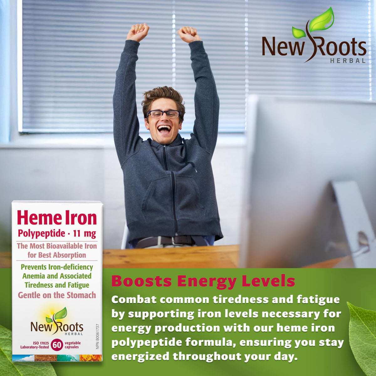 New Roots Herbal Heme Iron Capsules, Vitamin C, B12, Folate, 60 Capsules