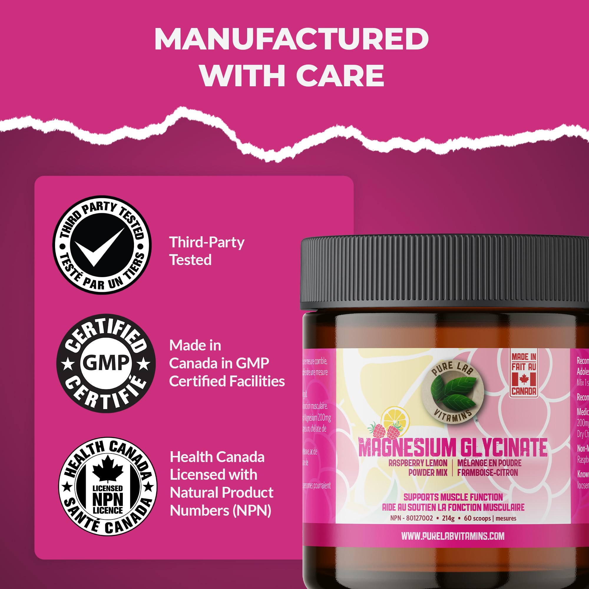 Pure Lab Vitamins Mélange en poudre de glycinate de magnésium framboise-citron