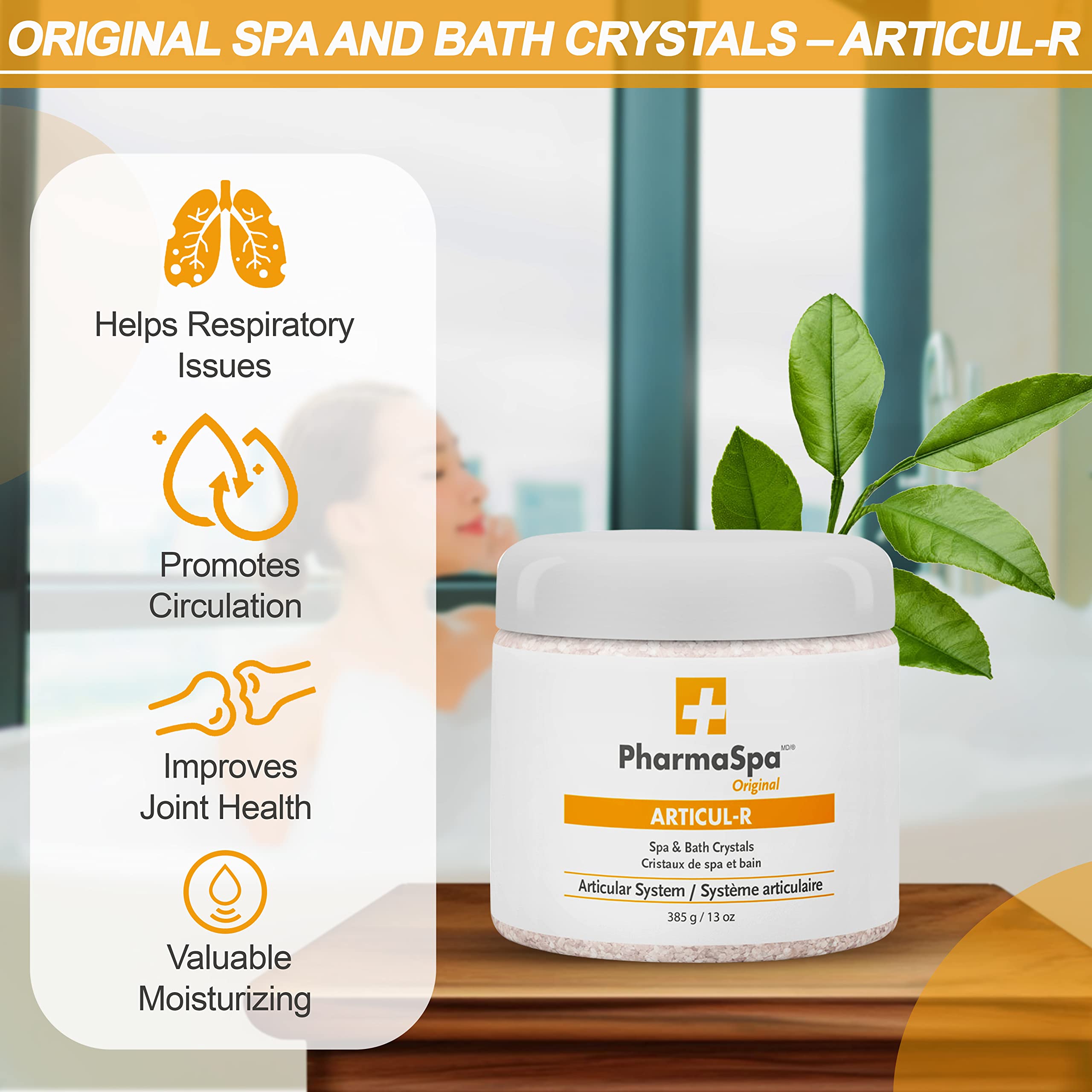 Pharmaspa Original : Cristaux de spa et de bain aux extraits entièrement naturels – 385 g/13 oz – Sel de bain d'Epsom pour l'aromathérapie et la relaxation dans les spas – Sans gluten, sans parabènes, sans cruauté