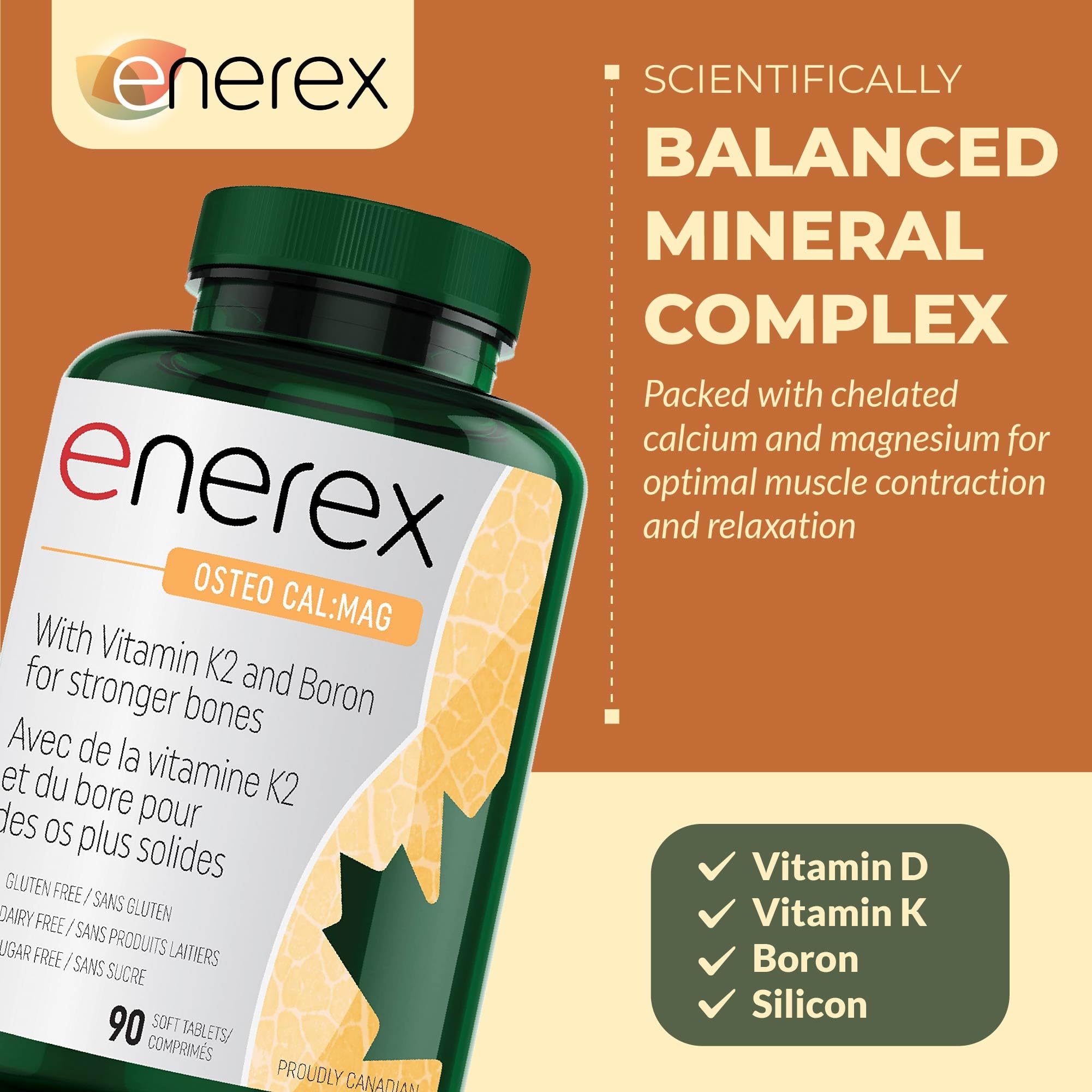 ENEREX - Ostéo Cal:Mag - Sans gluten et sans produits laitiers - Contribue au développement et au maintien des os - Calcium, magnésium, chou frisé cru biologique, extrait de bambou, bore, vitamine K2 et D3