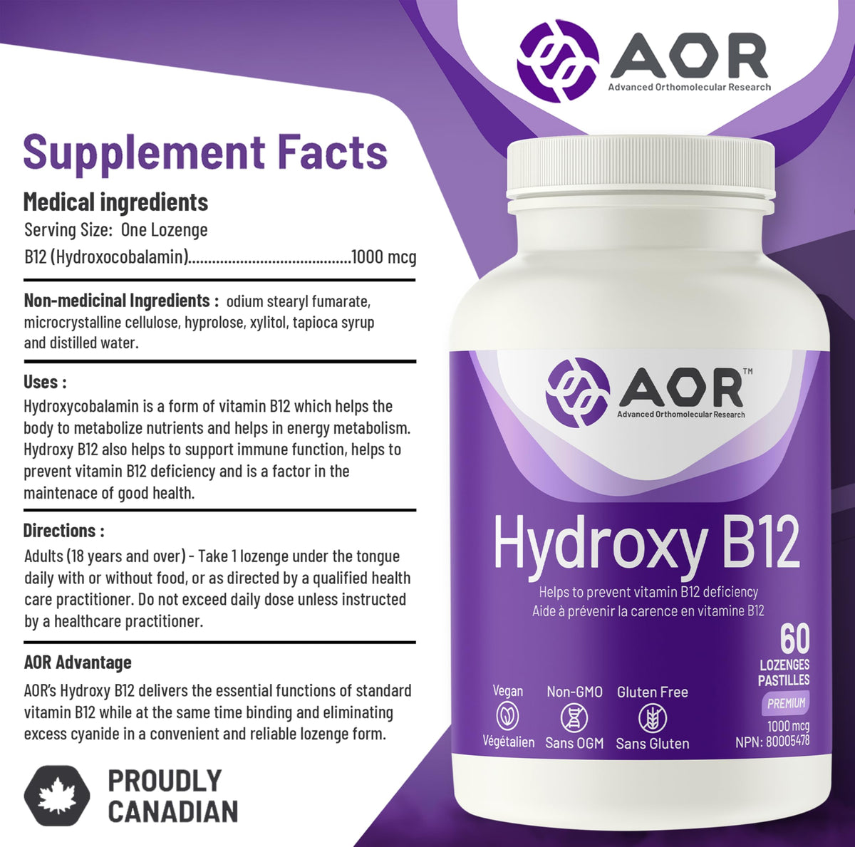 AOR Hydroxy B12 Lozenges, Hydroxocobalamin B12, 1000mcg, 60 Day Supply