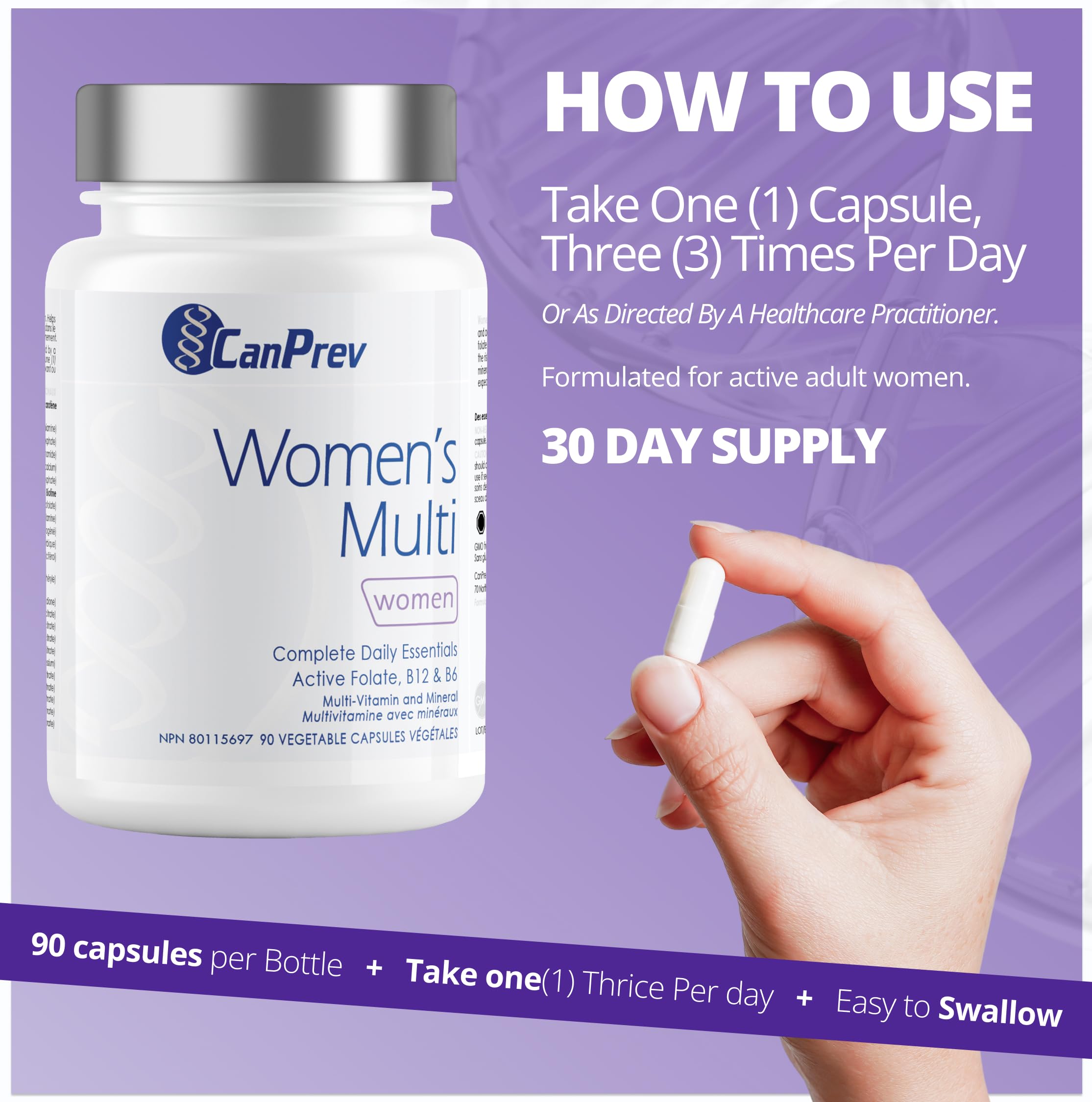 CanPrev Women's Multi 90 v-caps 30-Day Supply - Complete Multivitamin for the Needs of Women - Complete Daily Essential with Active Folate, B12 & B6 - Multivitamin and Mineral - Non-GMO & Gluten-Free