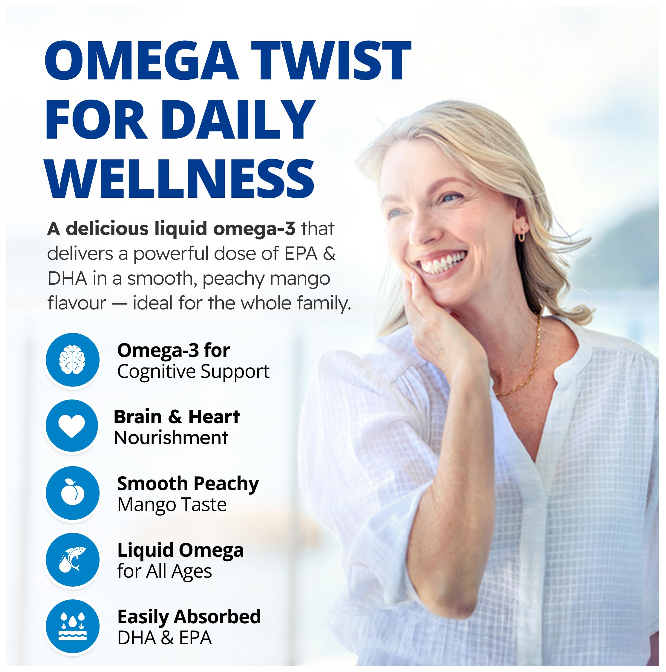 CanPrev Omega Twist Pêche Mangue, 225 ml Liquide 45 Portions - Absorption Supérieure Enrichi en Vitamine D3, Acides Gras Oméga-3 DHA et EPA - Aide à Soutenir la Santé Cognitive et la Fonction Cérébrale - Sans OGM