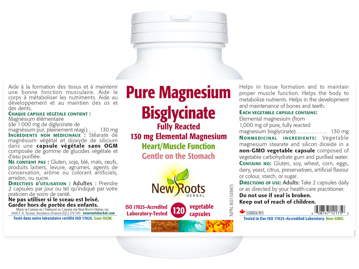 New Roots Herbal Magnesium Bisglycinate, 130mg, 120 Capsules, 60-Day Supply
