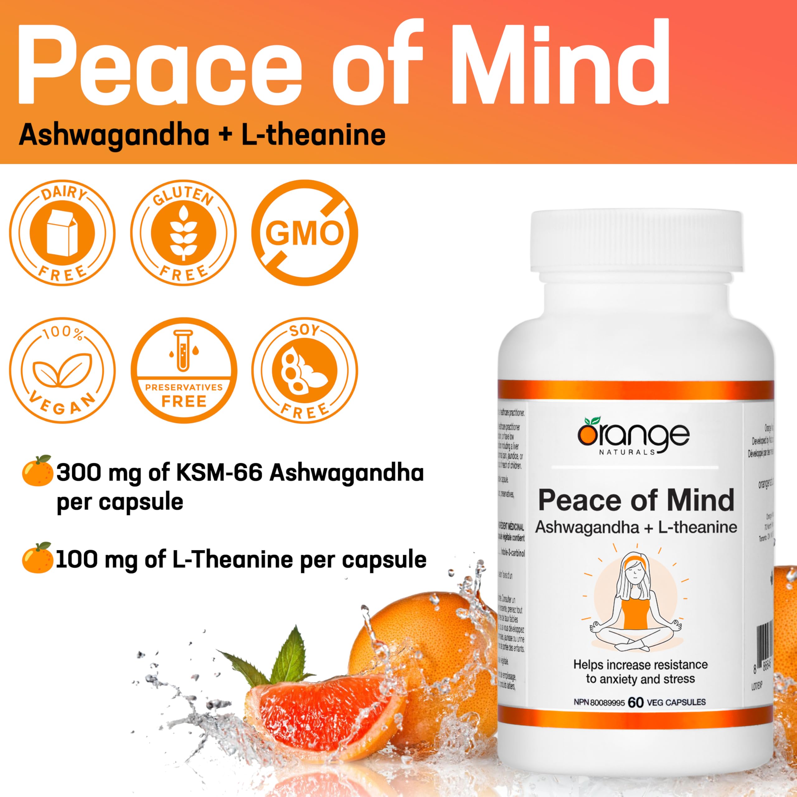 Orange Naturals - Tranquillité d'esprit, Ashwagandha KSM-66 et L-théanine, 60 gélules pour 30 jours - Ashwagandha haute concentration 300 mg et L-théanine 100 mg pour la relaxation et la concentration - Végan et sans OGM