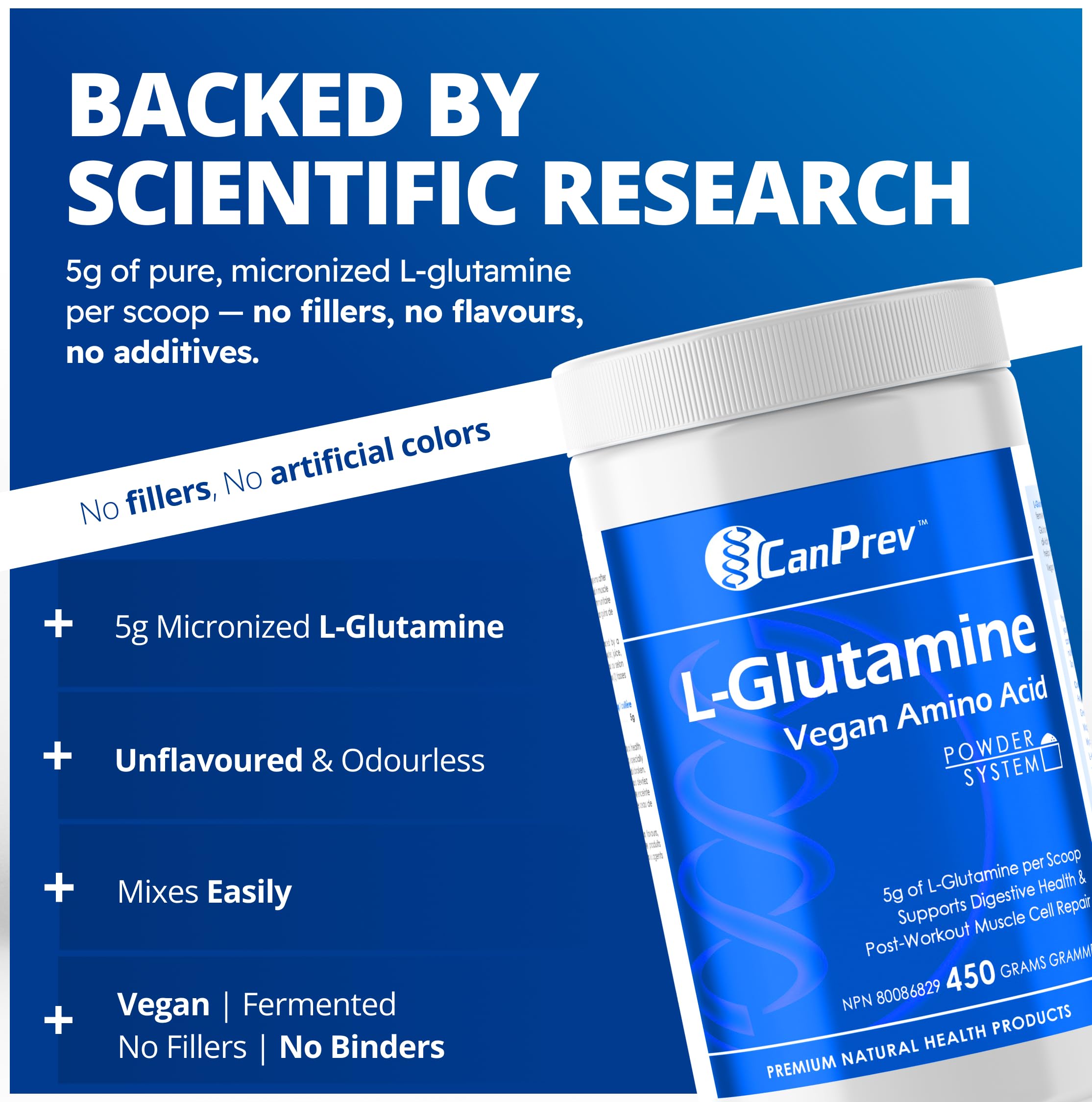 CanPrev L-Glutamine Acide Aminé Végétalien, 450g Poudre 90 Portions - Sans OGM et Sans Gluten - Supplément de Poudre de L-Glutamine pour Modes de Vie Actifs, Soin Musculaire Post-Exercice et Bien-Être Général, Non Aromatisé