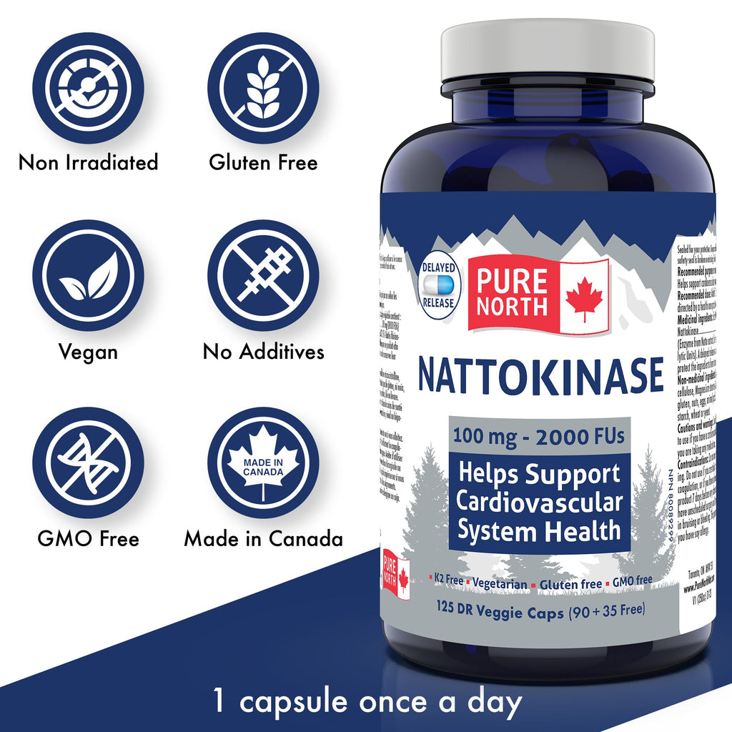 Pure North Naturals - Nattokinase Supplement, 100mg, 2000 FU, 125 Capsules 125-Day Supply, Vegetarian & Gluten-Free, High Potency for Cardiovascular Wellness, Enzymatic Support for Heart & Circulation