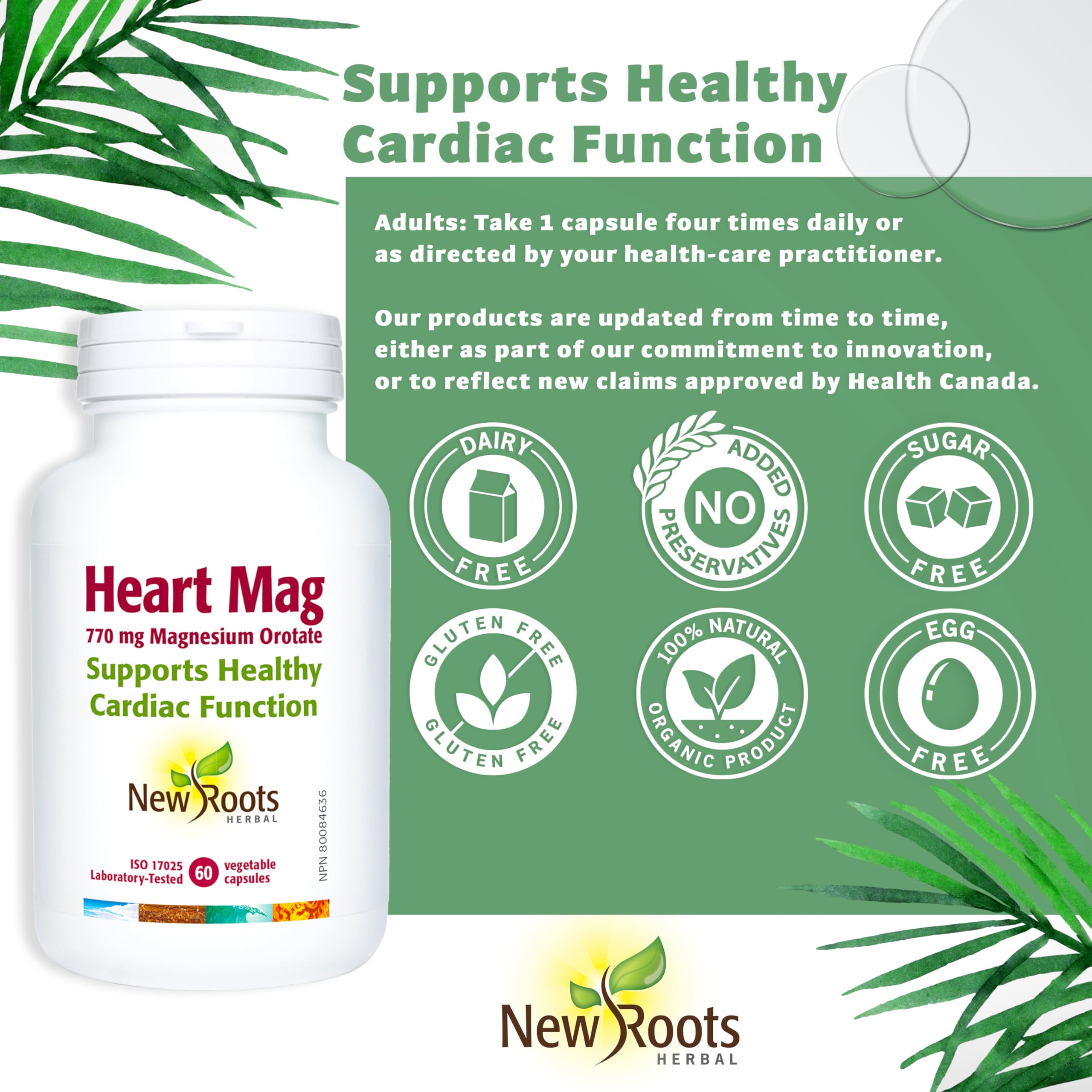 New Roots Herbal - Heart Mag, 60 capsules - Orotate de magnésium 770 mg pour la fonction cardiaque, favorise le maintien d'une fonction musculaire saine, l'équilibre électrolytique, la santé des os et des dents.