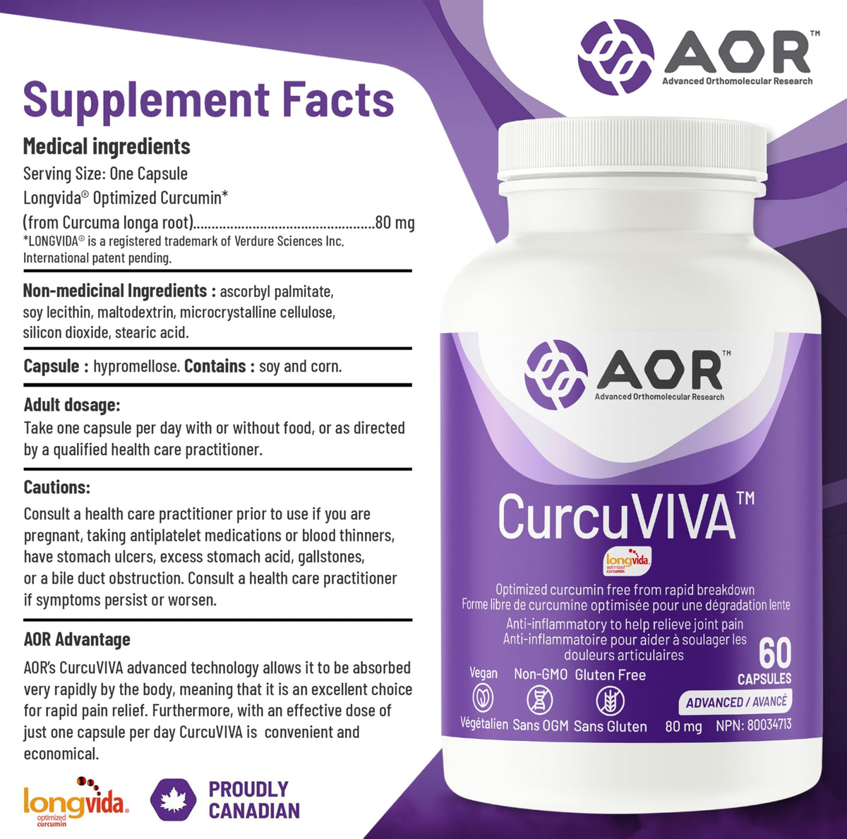 AOR CurcuVIVA Turmeric Curcumin Capsules, 80 mg, Gluten Free, 60 Day Supply