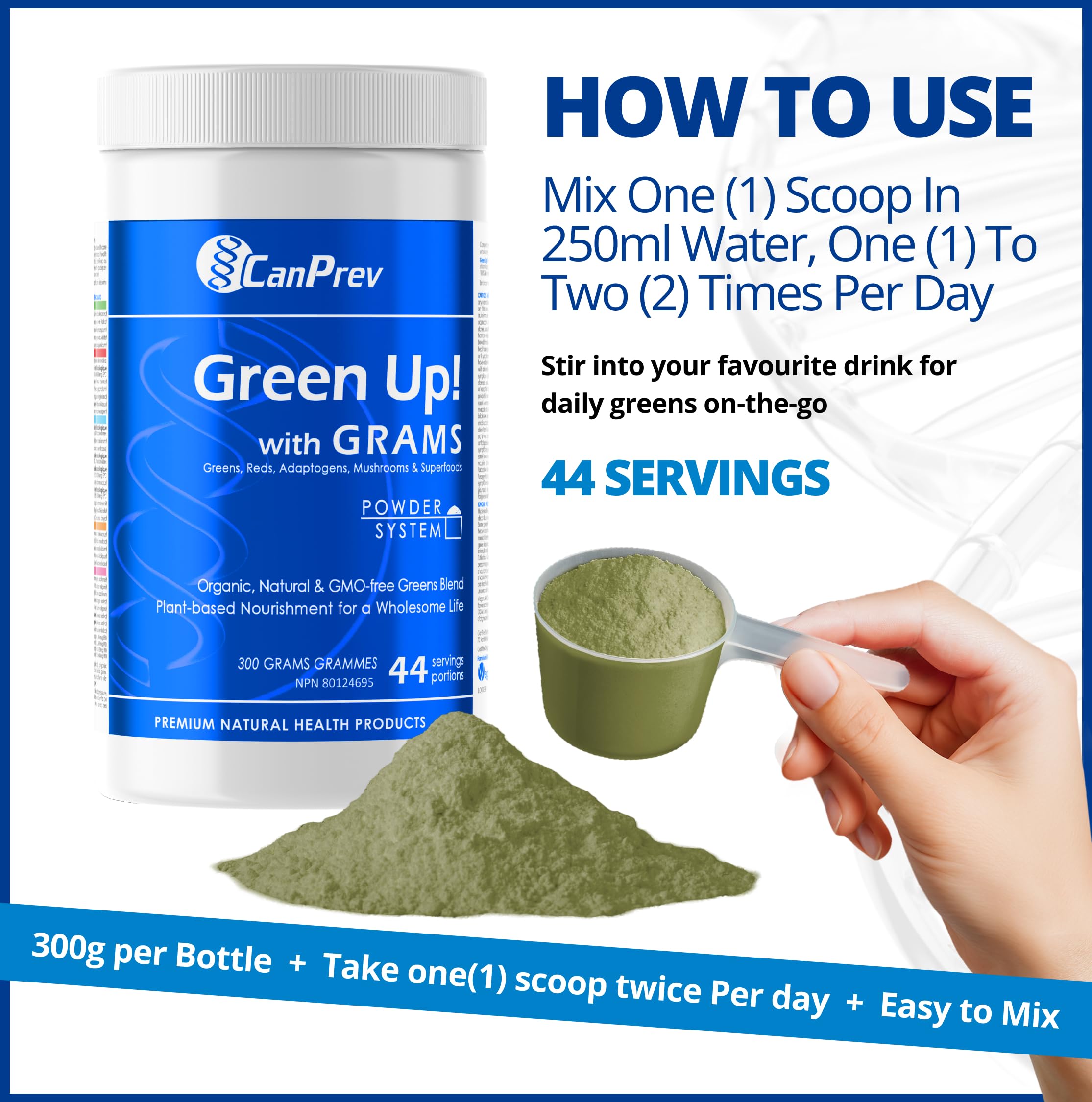 CanPrev Green Up! with GRAMS 300g Powder, 44-Servings, Organic Spirulina & Adaptogens, Nutrient-Rich Greens, Reds & Mushrooms Blend, Energizing Superfood for Smoothies - Vegan, GMO-free, & Gluten-free