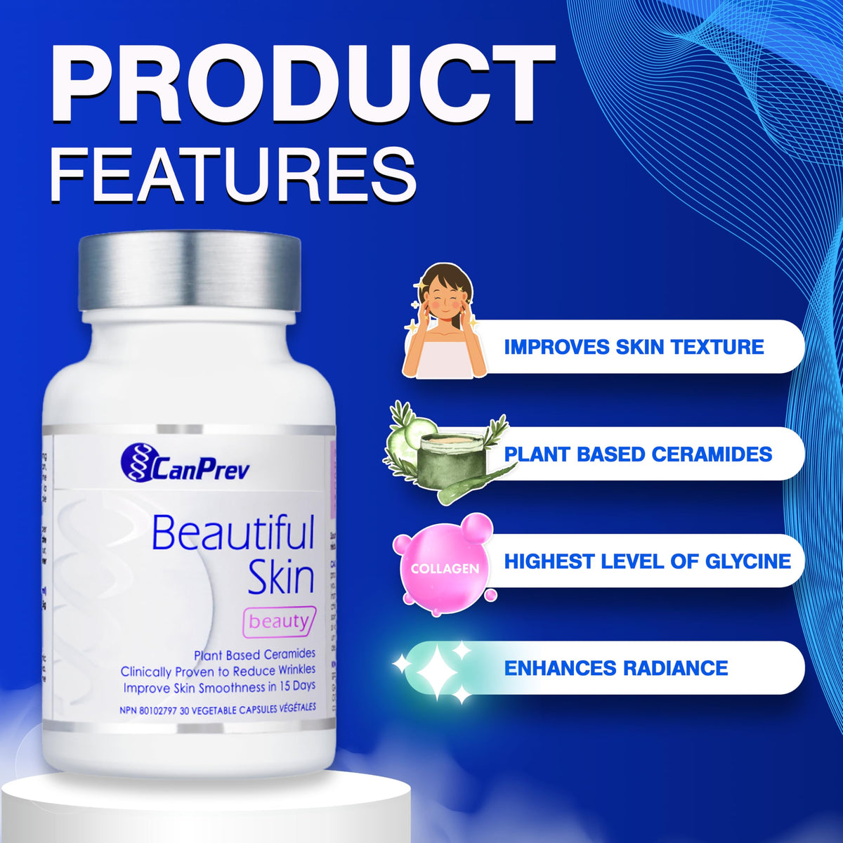 CanPrev Beautiful Skin, Plant Based Ceramides, Skin Smoothness, 30 Caps