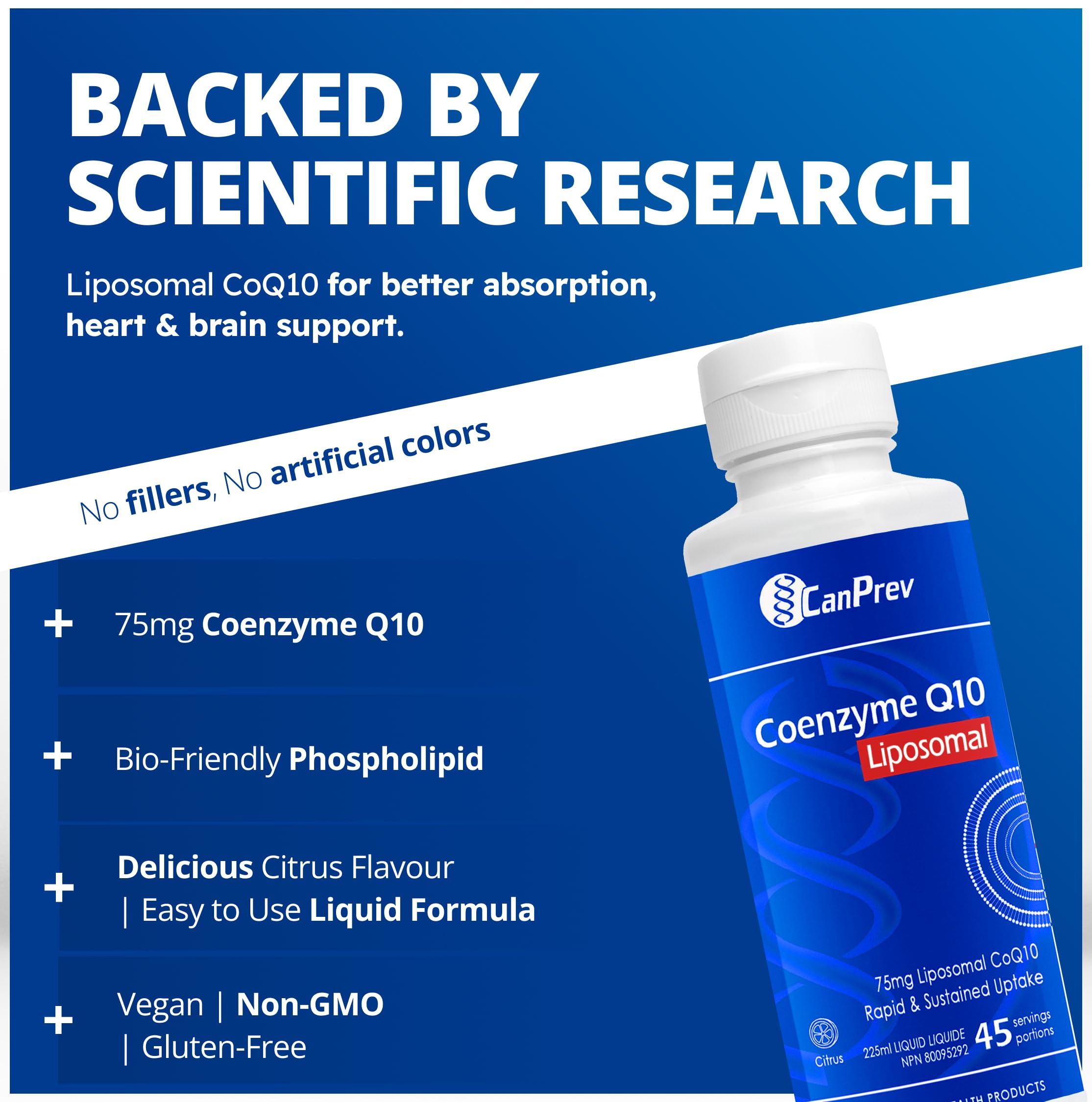 CanPrev Coenzyme Q10 Liposomale 75 mg Saveur Agrumes, Liquide 225 ml 45 Portions - Formule à Absorption Améliorée pour la Protection Antioxydante et le Maintien de la Santé Cardiaque - Végétalien, Sans OGM et Sans Gluten