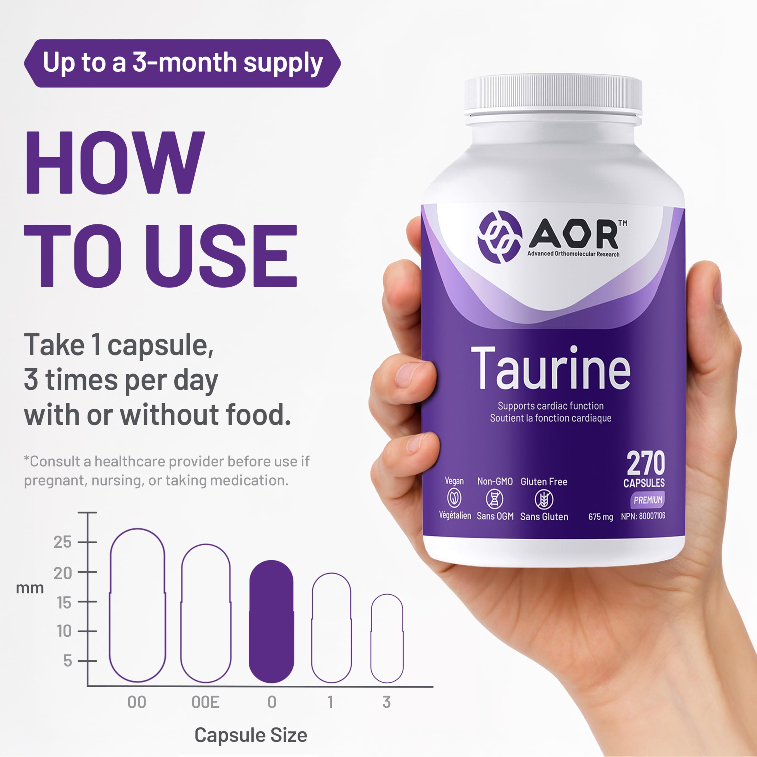 AOR Taurine Gélules 675mg, 270 Comprimés, Approvisionnement de 90 Jours, Supplément de Taurine Végétalienne Pure, Soutient la Fonction Cardiaque et Nerveuse, Sans OGM, Sans Gluten, Aide à Maintenir le Bien-être Général et le Soutien Cardiovasculaire