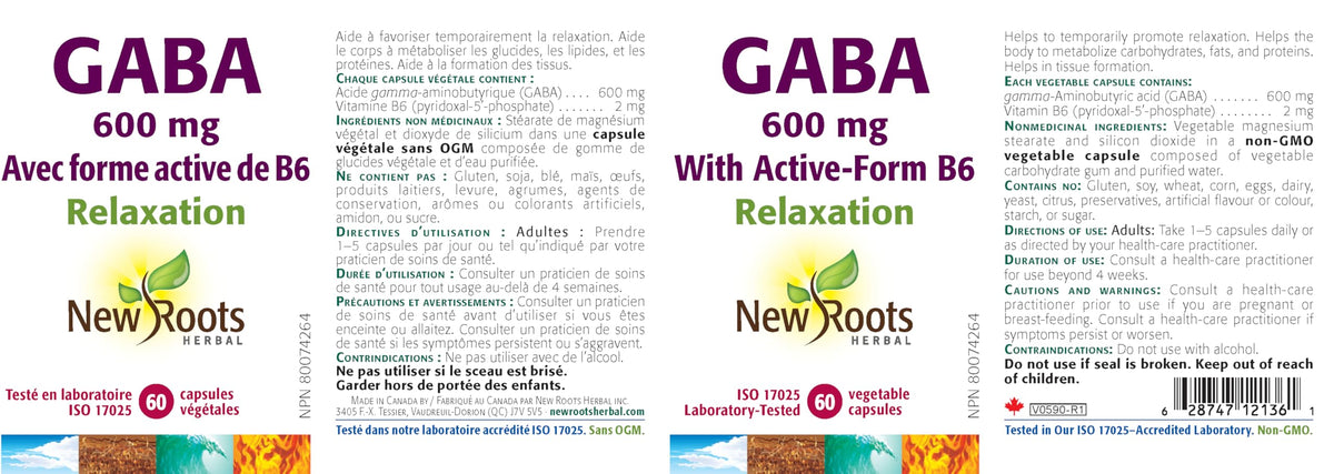 New Roots Herbal GABA Capsules, 600mg GABA, P5P Vitamin B6, 60 Day Supply
