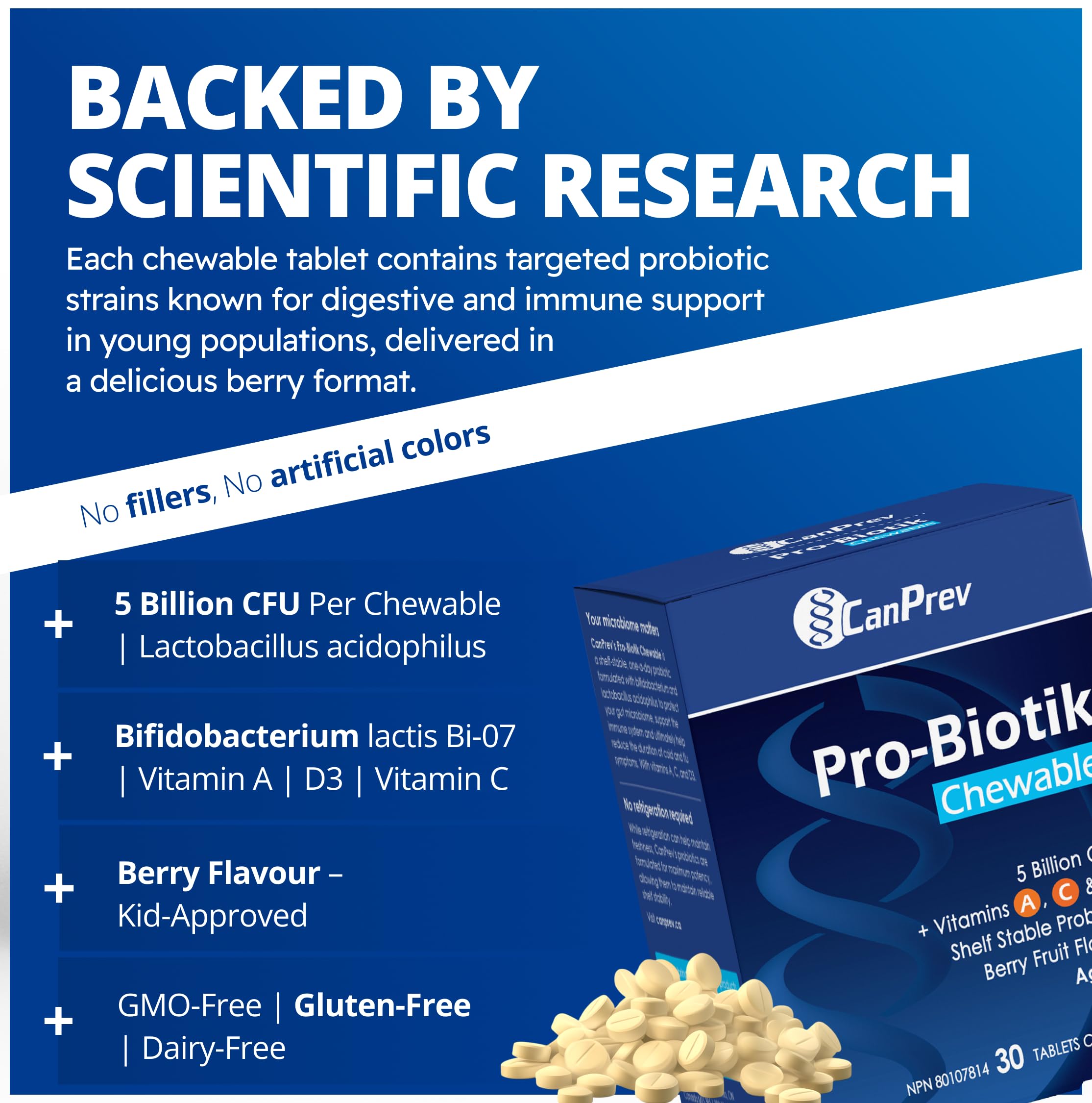 Canprev Pro-Biotik, 30 comprimés à croquer, approvisionnement de 30 jours, saveur de baies - Supplément probiotique pour enfants avec 5 milliards d'UFC et vitamines A, C et D3 - Idéal pour les enfants de 3 ans et plus, favorise des os et des dents solides