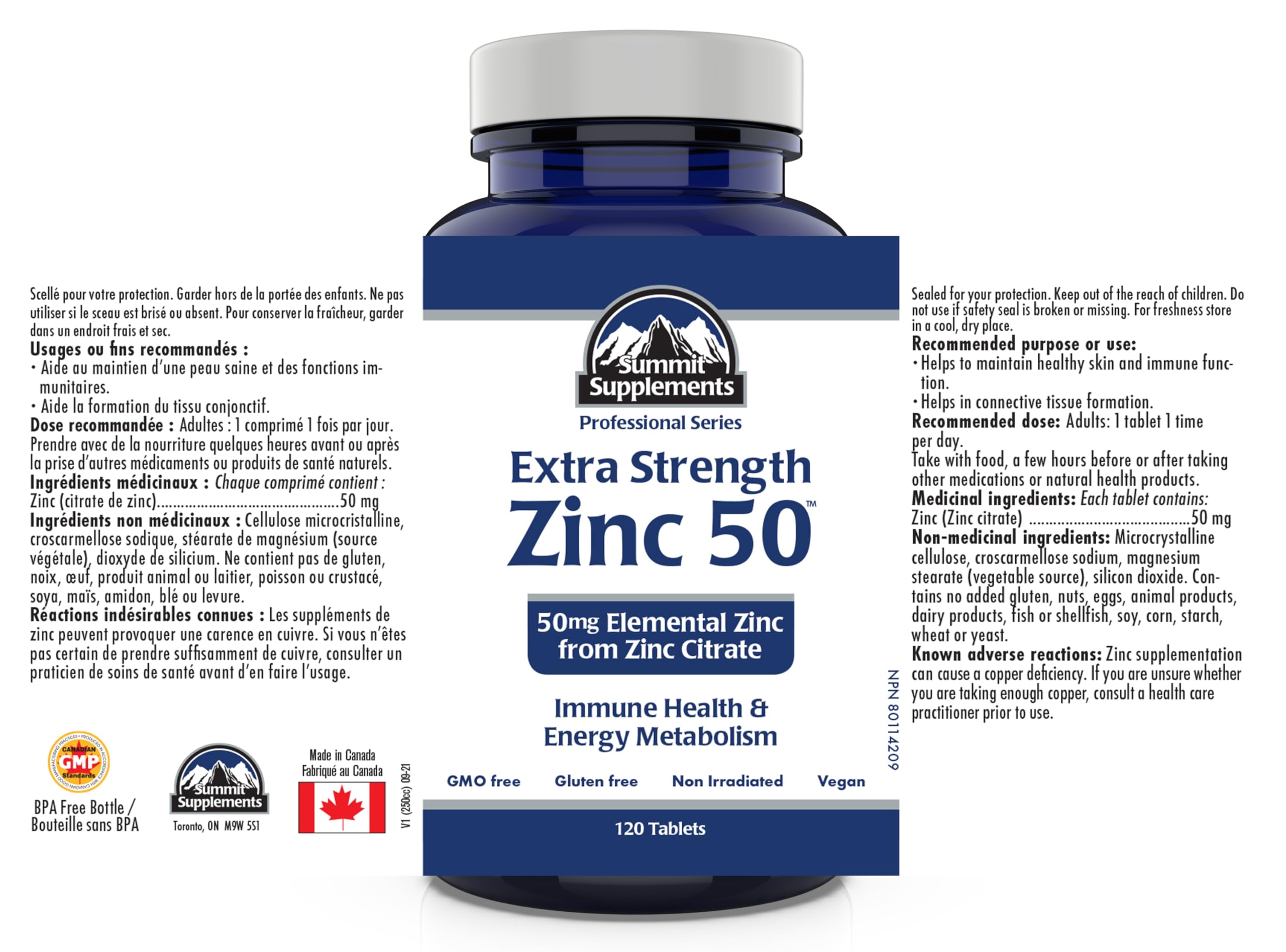 Proudly Canadian & Plastic Negative - Chelated Zinc Citrate 50mg 120 Vegan Tablets 120-Day Supply - Healthy Skin, Enhanced Sleep and Immune Support - 3rd Party Tested - Formulated & Made in Canada