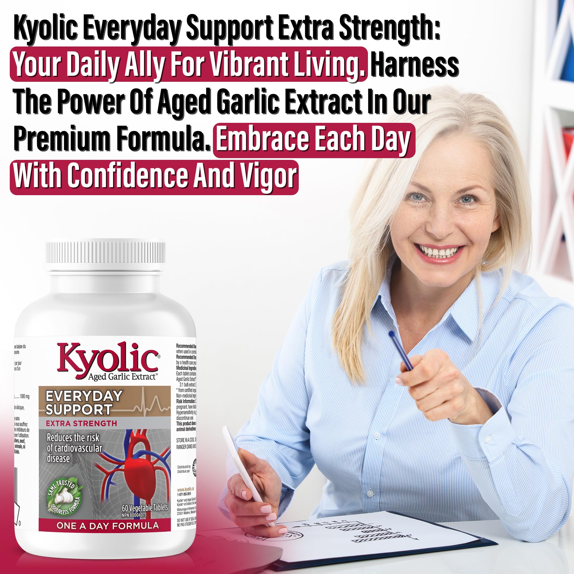 Kyolic - Extrait d'ail vieilli sans odeur soutien quotidien extra fort une fois par jour 1000mg, 60 comprimés végétaux approvisionnement de 60 jours - Suppléments d'ail Kyolic, pilules d'ail - Supplément à base de plantes pour le soutien du bien-être