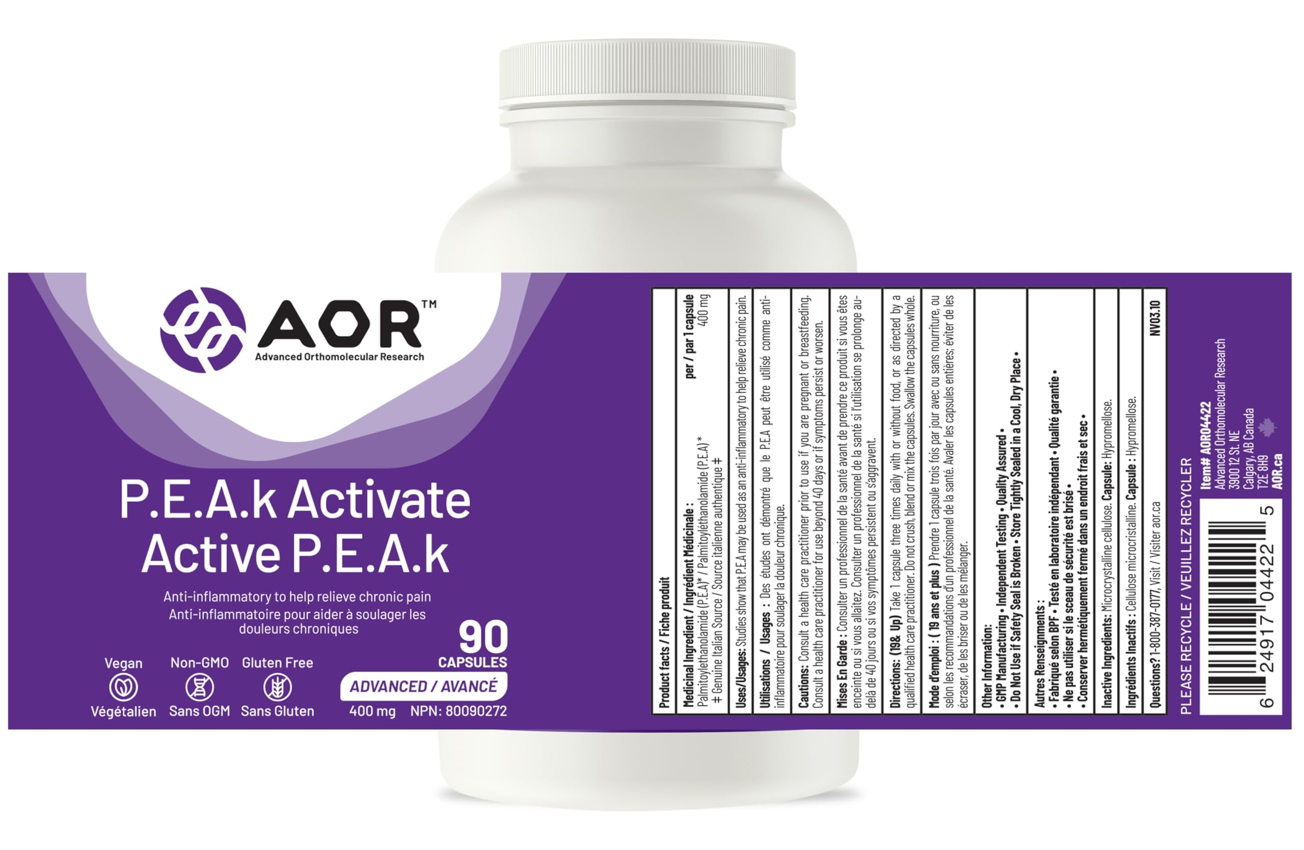 AOR P.E.A.K Activate 400 mg – Supplément de palmitoyléthanolamide (PEA) pour le confort et le bien-être – Sans OGM et végétalien – Supplément de PEA pour un bien-être équilibré et un soutien quotidien