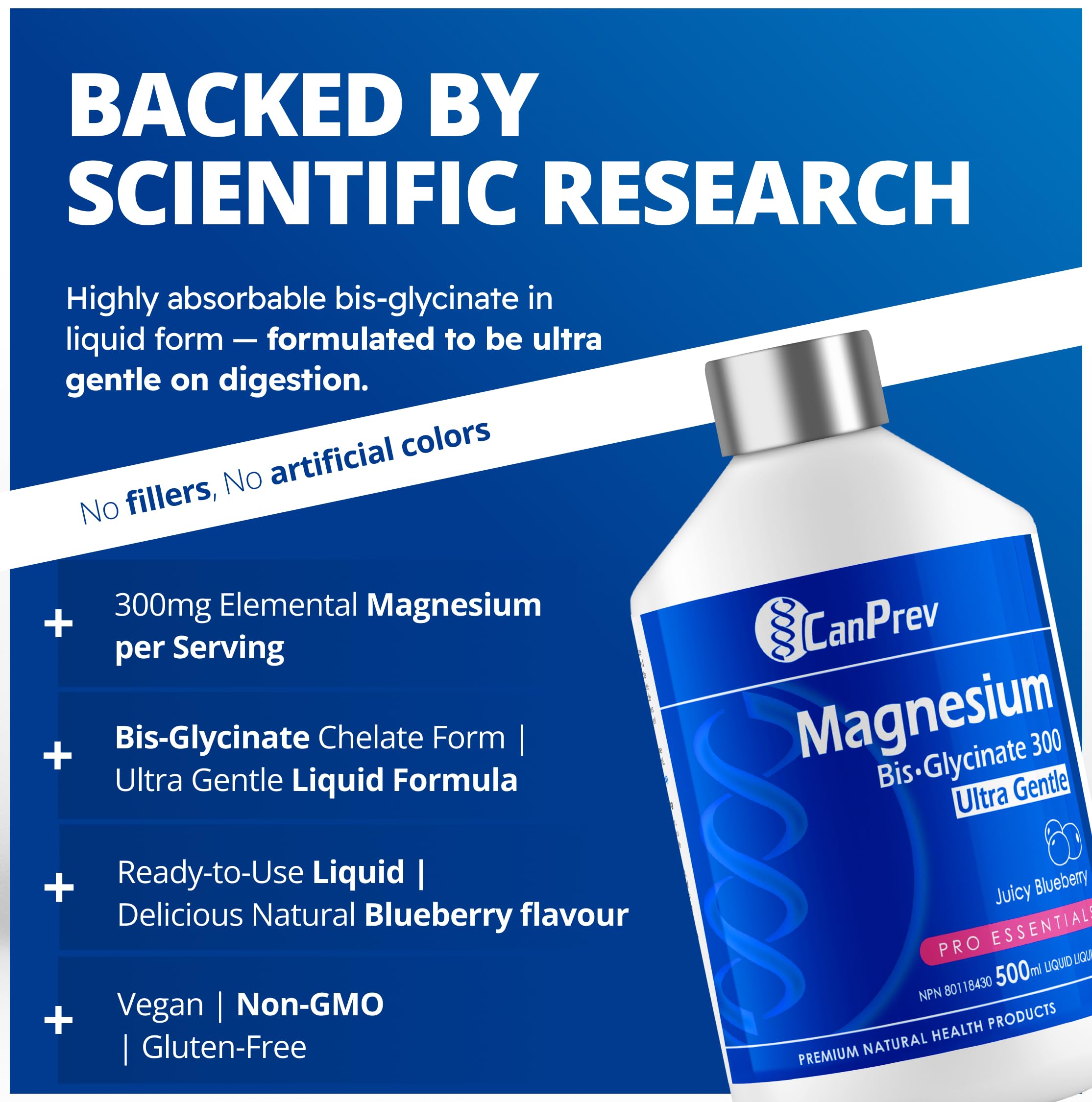CanPrev Bisglycinate de Magnésium 300 Ultra Doux, 500ml Liquide 33 Portions Saveur Myrtille Juteuse - Absorption Améliorée pour un Meilleur Sommeil, Supplément de Magnésium Pur et Doux - Végétalien et Sans OGM