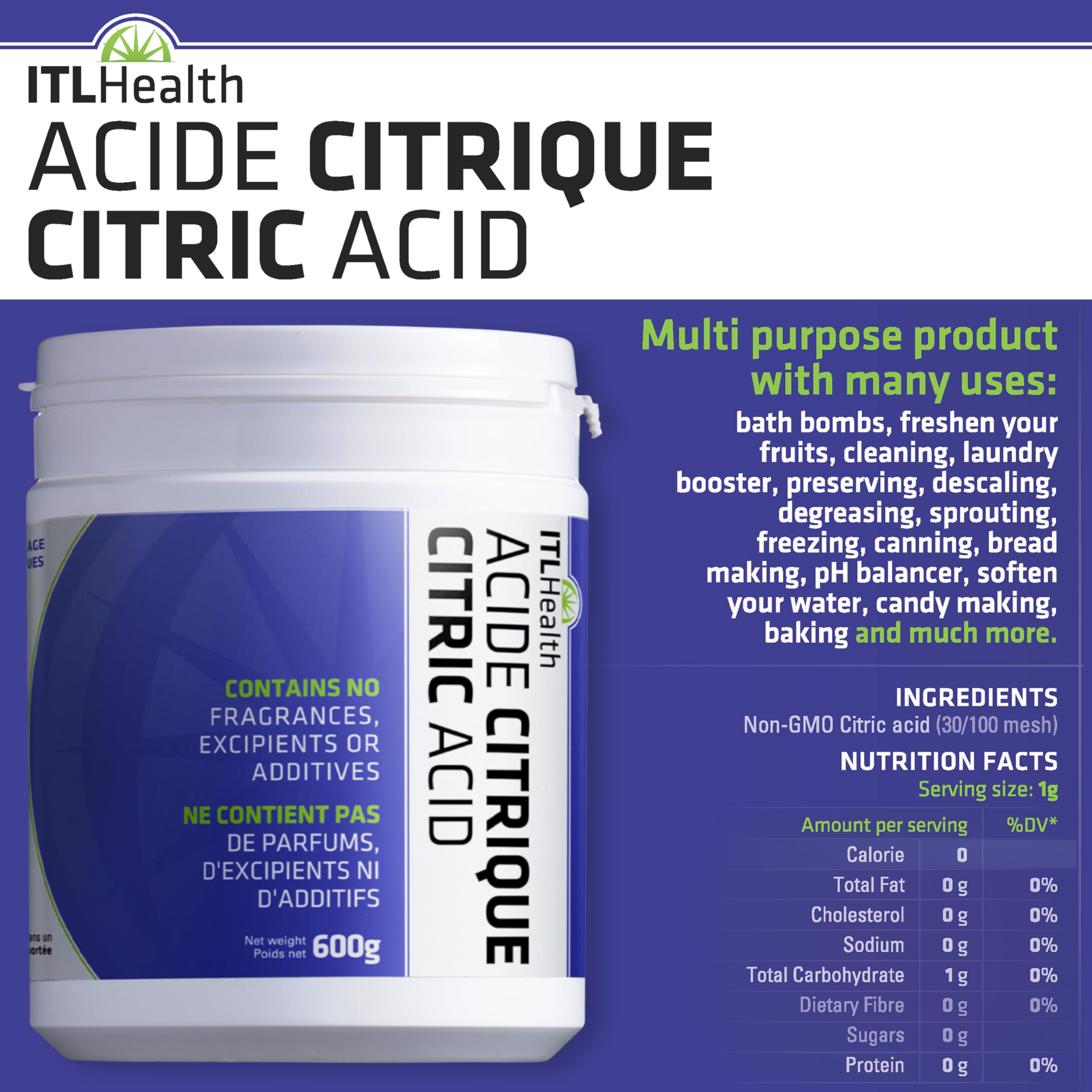 ITL Health Citric Acid Powder 600g - Pure, Food-Grade Quality for DIY Bath Bombs, Descaling & Household Cleaning, Non-GMO, Cleaner, Natural Ingredient for Cooking & a Variety of Home Uses