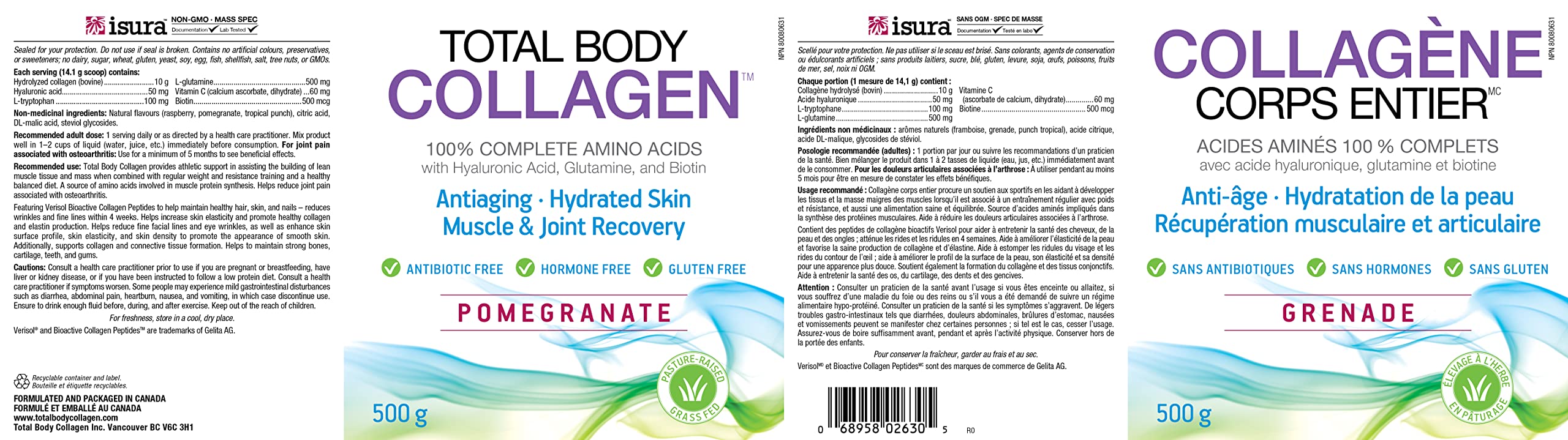 Natural Factors - Total Body Collagen Bioactive Peptides Pomegranate Flavour, 500g Powder - Complete Amino Acid Supplement - Hyaluronic Acid, Glutamine & Biotin - Hydrated Skin, Muscle & Joint Recovery, Reduces Wrinkles & Fine Lines