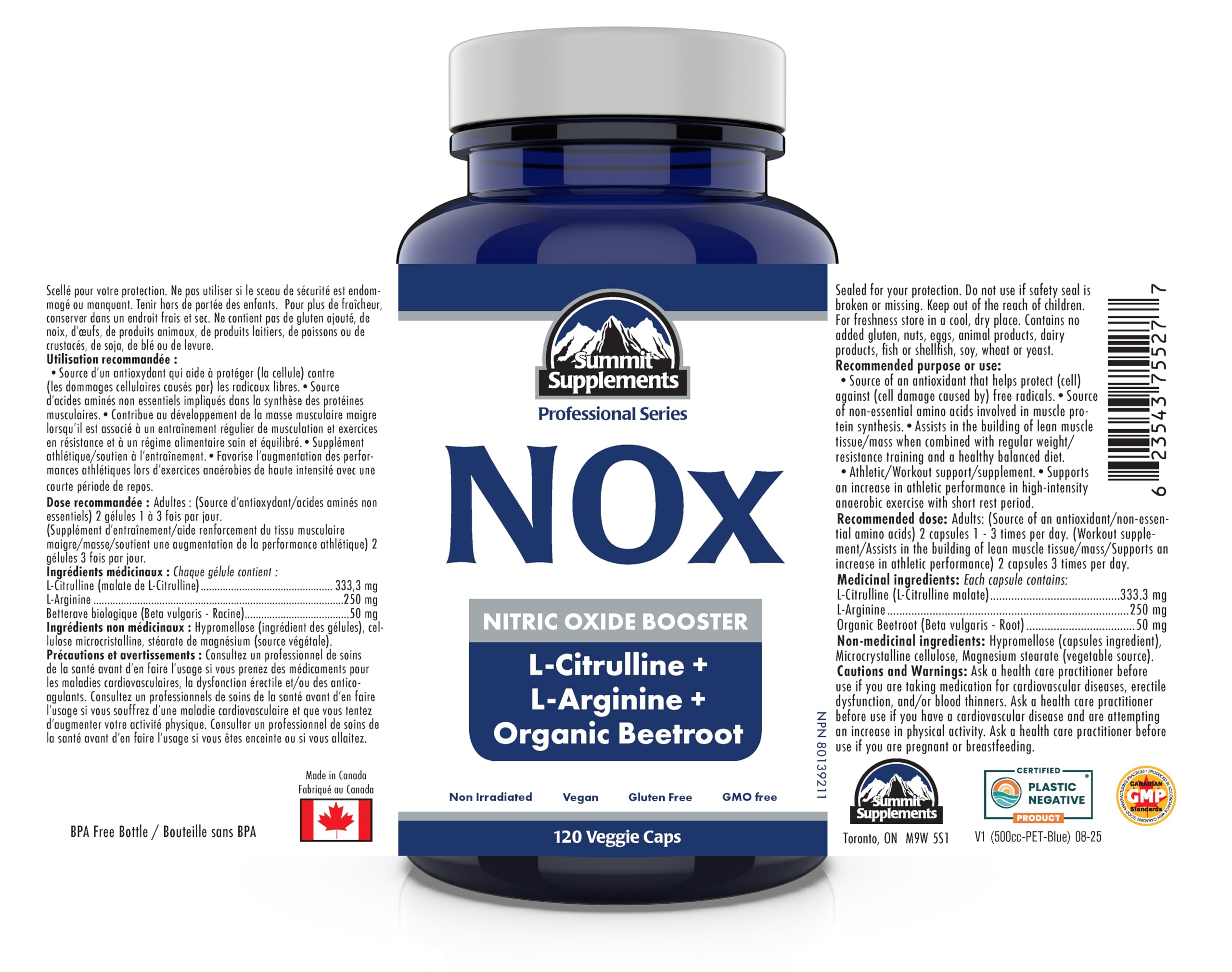 Summit Supplements NOX Amplificateur d'oxyde nitrique, 120 gélules végétales, L-Arginine, L-Citrulline & Betterave biologique, Gonflement musculaire avant entraînement et endurance, Végétalien, Sans OGM
