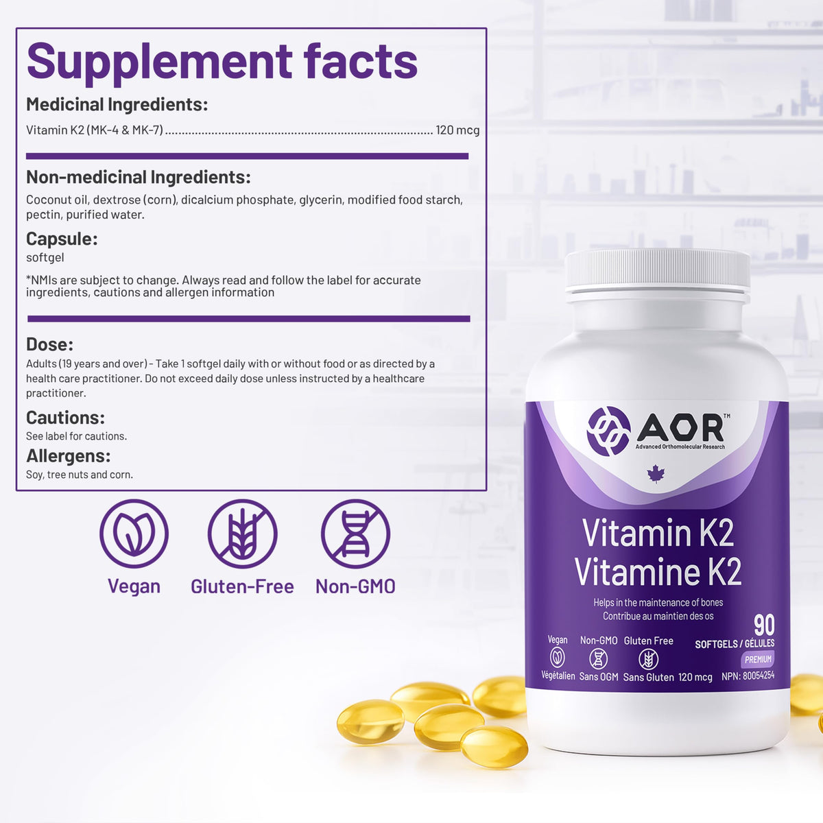 AOR Vitamin K2 MK-4 & MK-7 120mcg, 90 Vegan Softgels for Bone Maintenance