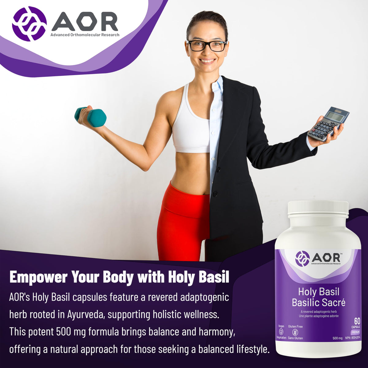 AOR Holy Basil Extract 500mg Supplement, Vegan Capsules, Tulsi, 60 Capsules