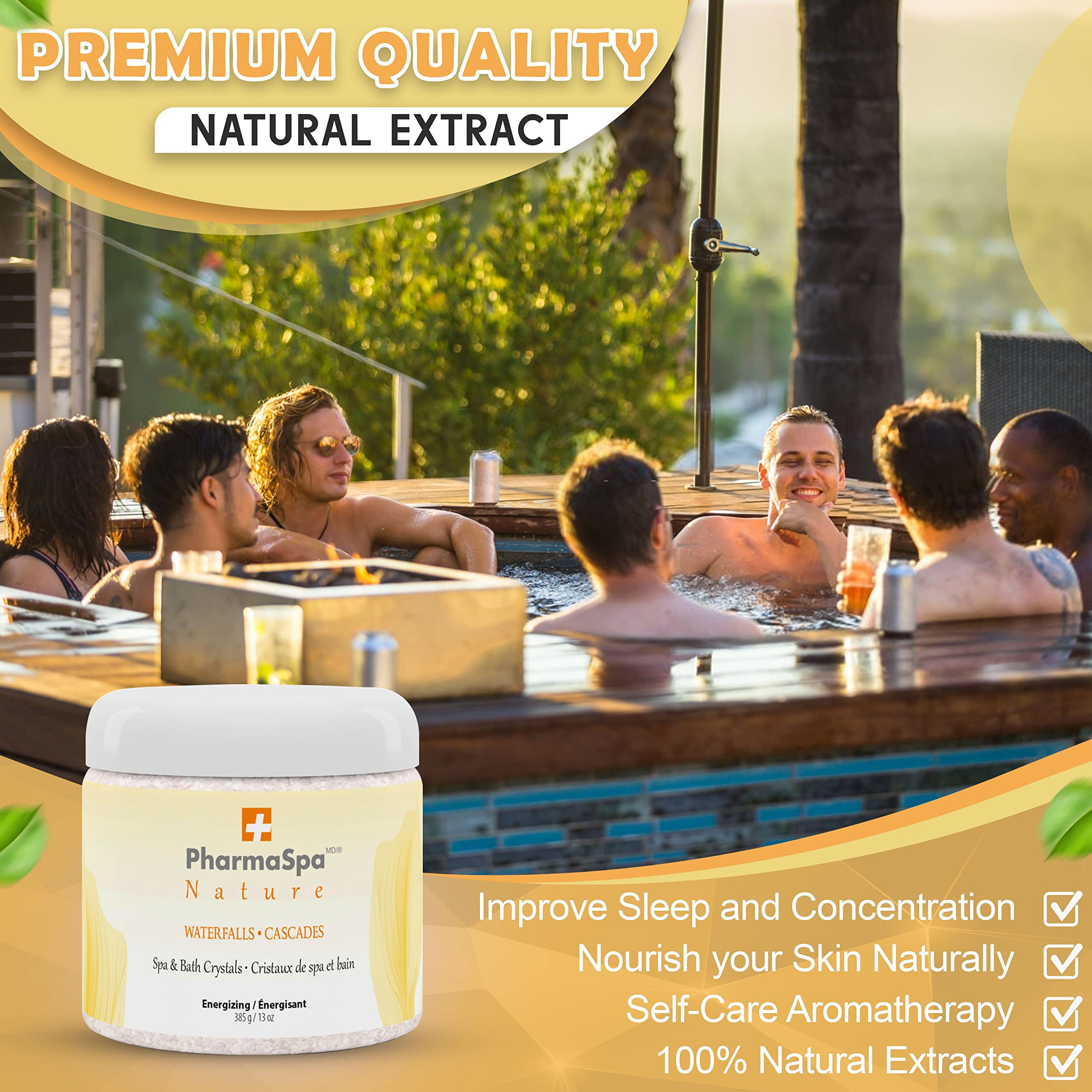 PharmaSpa Nature : Cristaux pour spa et bain aux extraits 100 % naturels – 385 g/13 oz – Sel de bain d'Epsom pour l'aromathérapie et la relaxation en spa – Sans gluten, sans parabènes, sans cruauté animale